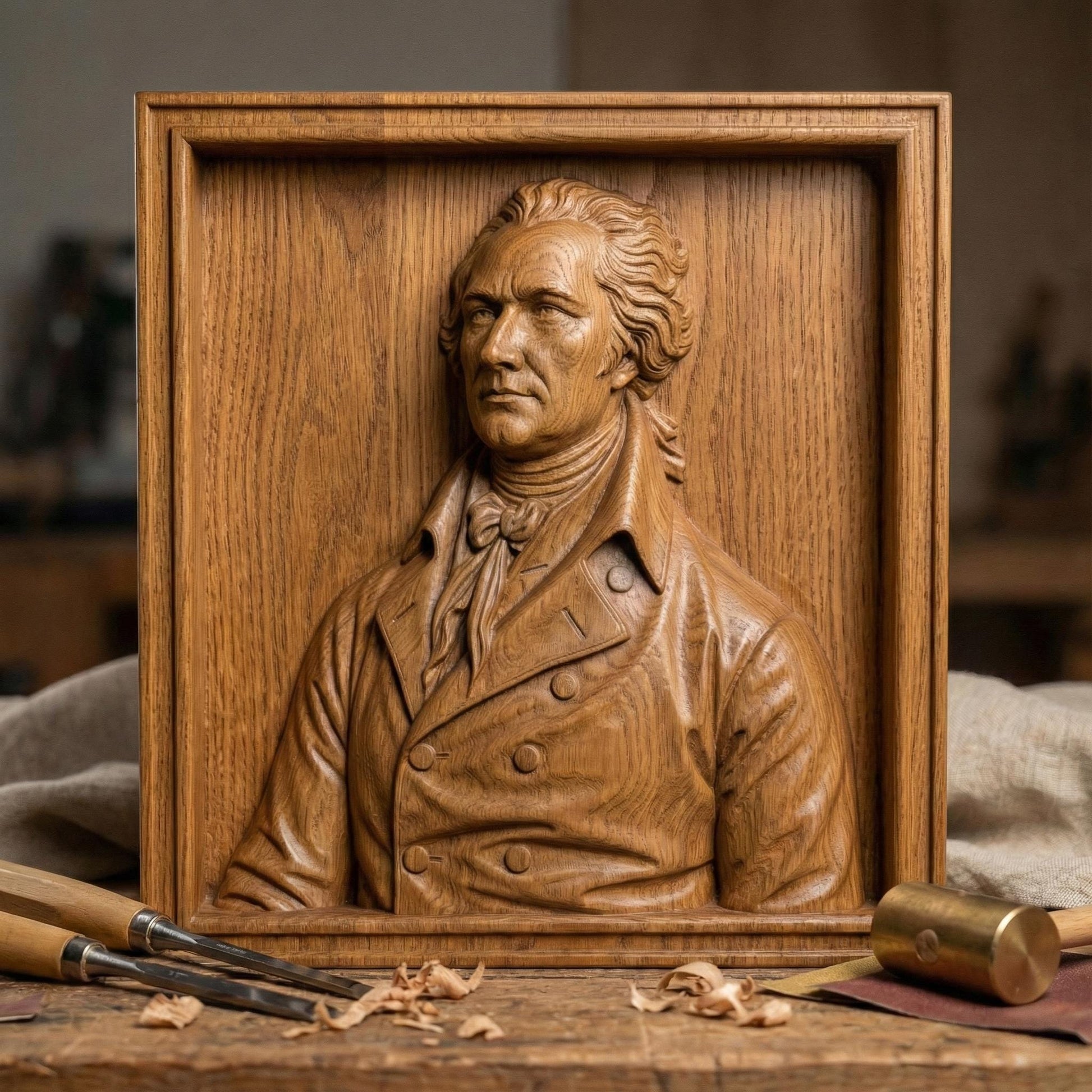 Highly detailed 3D bas-relief portrait of Alexander Hamilton carved in rich wood texture, featuring an 18th-century formal coat with double-breasted buttons and cravat. The bust is framed in a classic wooden border, emphasizing depth, realism, and historical elegance. The sculpture captures a dignified expression and refined facial features, ideal for patriotic home decor, office wall art, or historical display projects.