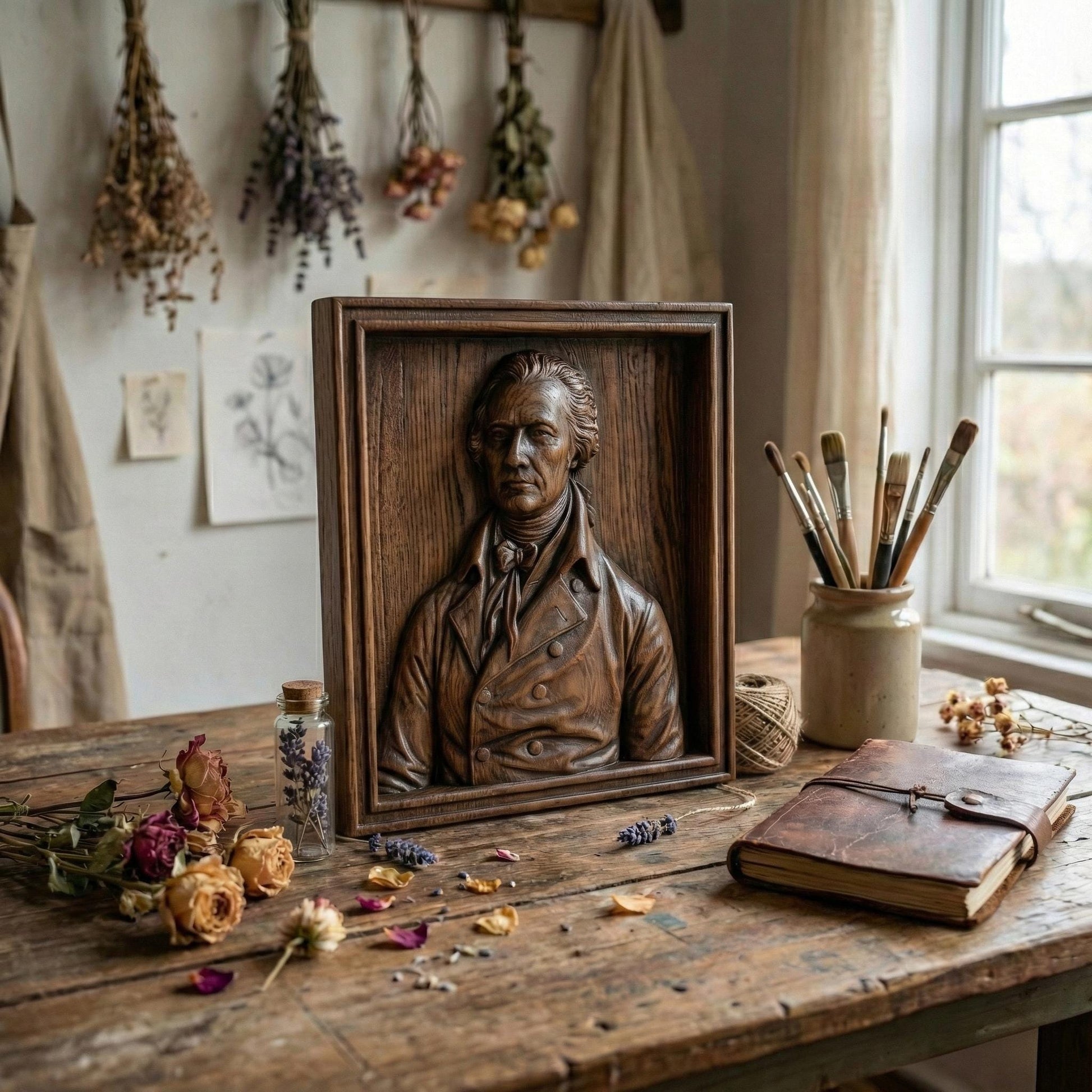 Highly detailed 3D bas-relief portrait of Alexander Hamilton carved in rich wood texture, featuring an 18th-century formal coat with double-breasted buttons and cravat. The bust is framed in a classic wooden border, emphasizing depth, realism, and historical elegance. The sculpture captures a dignified expression and refined facial features, ideal for patriotic home decor, office wall art, or historical display projects.