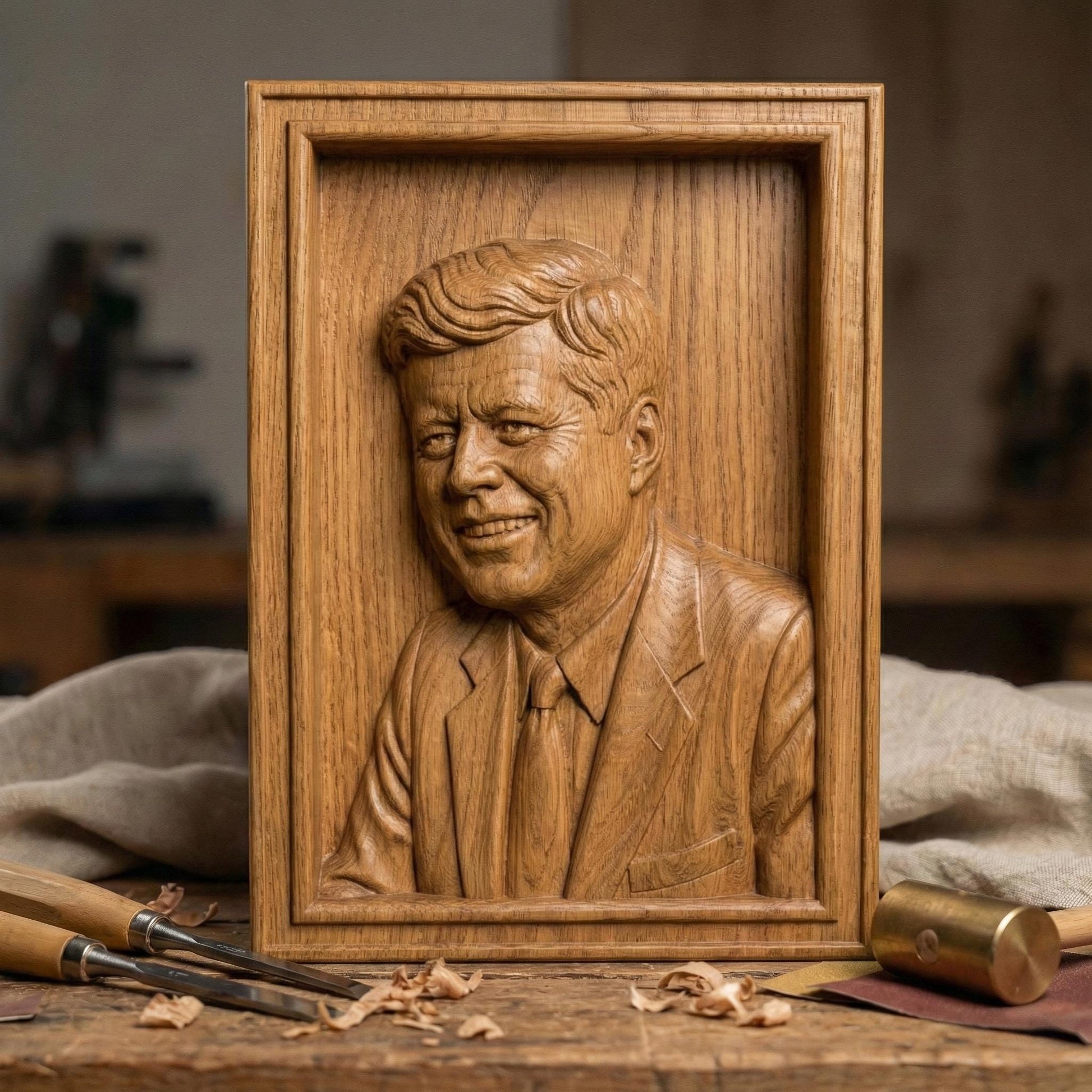 Detailed bas-relief portrait of a smiling mid-century president in a suit and tie, carved in rich wood texture with flowing hair strands, expressive eyes, and realistic facial contours. Displayed as both a freestanding bust on a workbench with carving tools and as a framed wall relief panel, evoking patriotism, leadership, and historic American legacy in a classic handcrafted style.