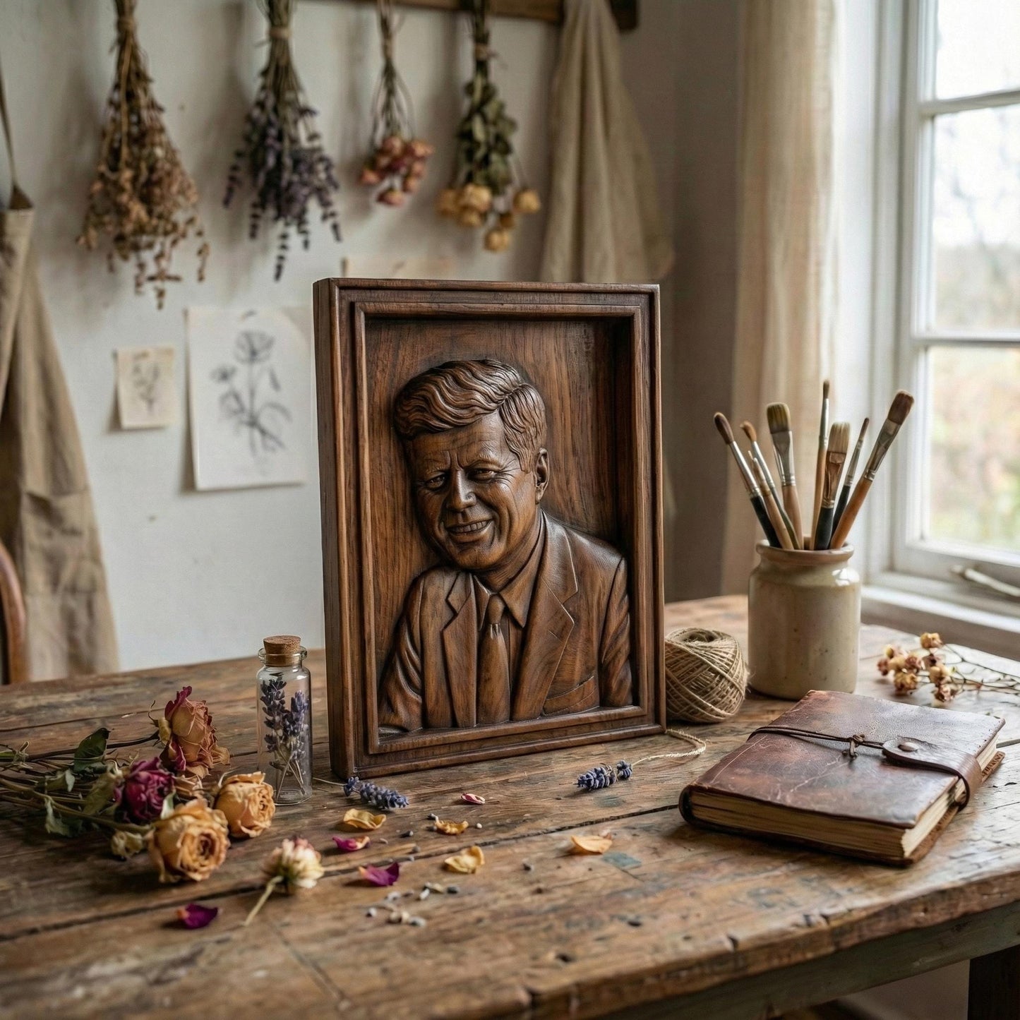 Detailed bas-relief portrait of a smiling mid-century president in a suit and tie, carved in rich wood texture with flowing hair strands, expressive eyes, and realistic facial contours. Displayed as both a freestanding bust on a workbench with carving tools and as a framed wall relief panel, evoking patriotism, leadership, and historic American legacy in a classic handcrafted style.