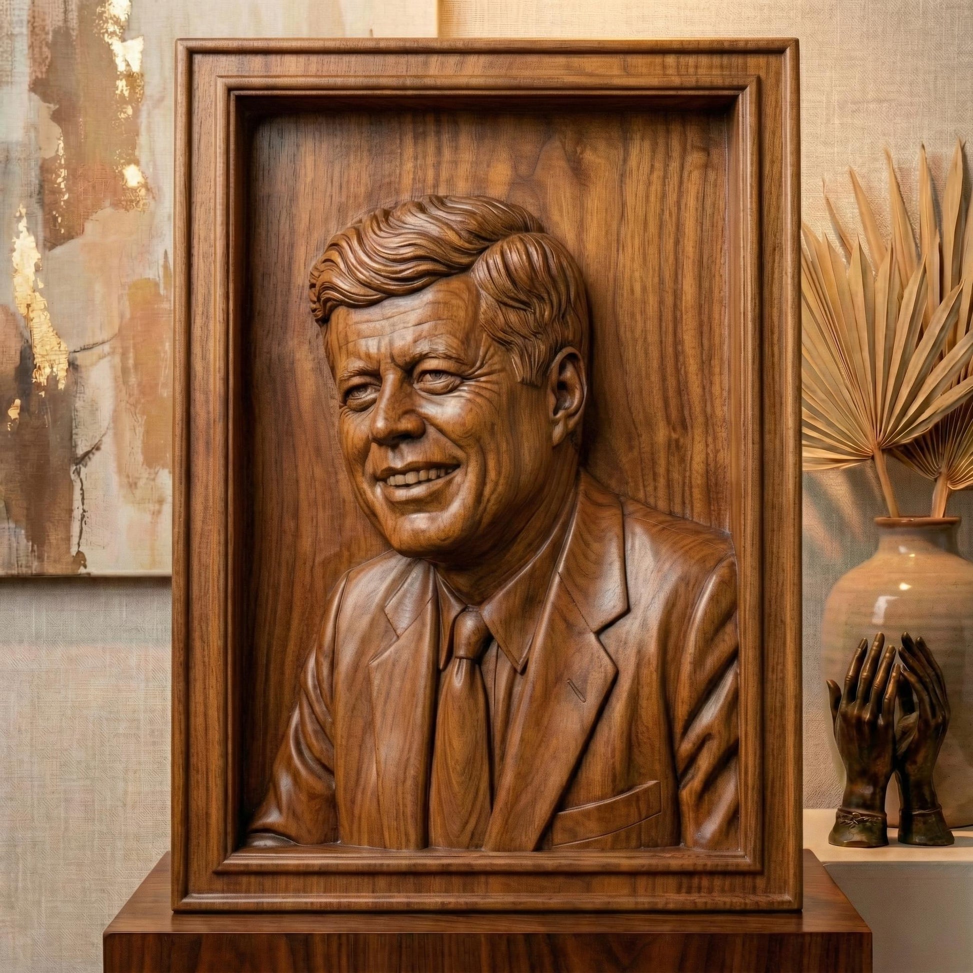 Detailed bas-relief portrait of a smiling mid-century president in a suit and tie, carved in rich wood texture with flowing hair strands, expressive eyes, and realistic facial contours. Displayed as both a freestanding bust on a workbench with carving tools and as a framed wall relief panel, evoking patriotism, leadership, and historic American legacy in a classic handcrafted style.
