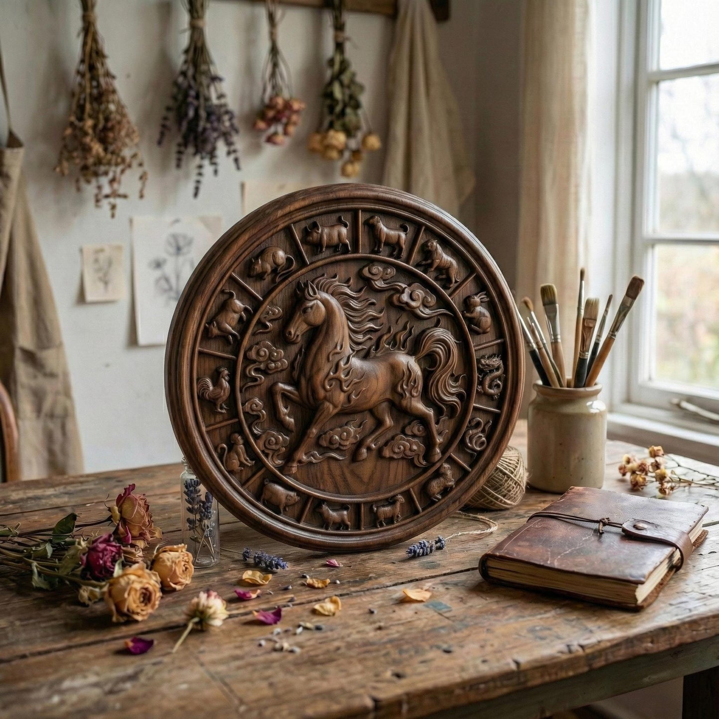 Circular wooden bas-relief wall art depicting the Chinese Zodiac Year of the Fire Horse. A powerful galloping horse is carved in deep relief at the center, surrounded by all twelve zodiac animals in a traditional circular layout. Flowing cloud motifs and flame details symbolize the fire element, with Chinese characters engraved below. Rendered in rich carved wood texture with smooth depth transitions, suitable for CNC carving, wood engraving, and premium wall décor.