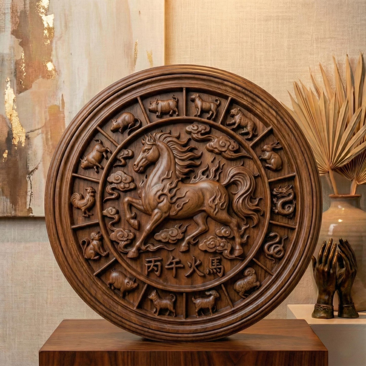 Circular wooden bas-relief wall art depicting the Chinese Zodiac Year of the Fire Horse. A powerful galloping horse is carved in deep relief at the center, surrounded by all twelve zodiac animals in a traditional circular layout. Flowing cloud motifs and flame details symbolize the fire element, with Chinese characters engraved below. Rendered in rich carved wood texture with smooth depth transitions, suitable for CNC carving, wood engraving, and premium wall décor.