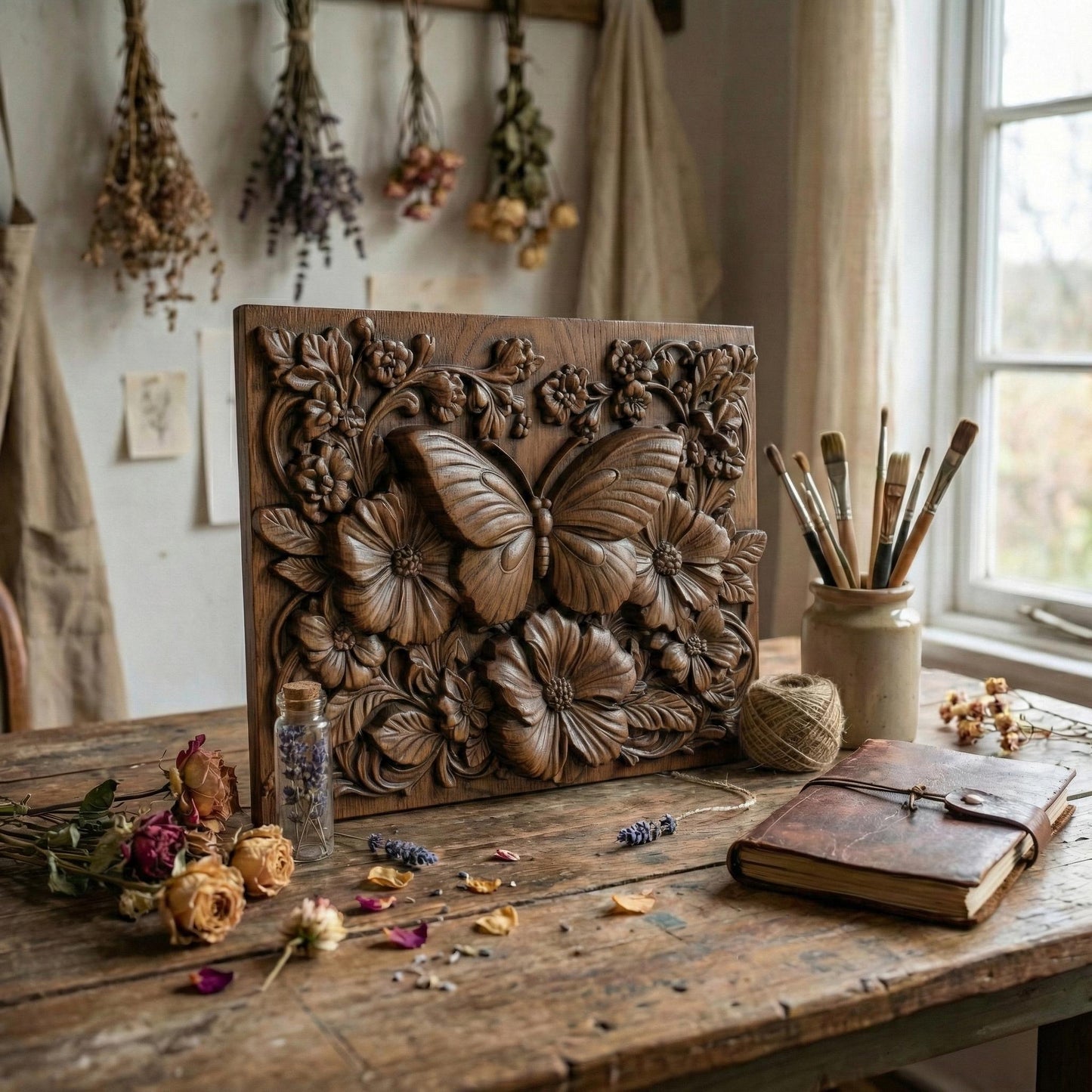A highly detailed 3D bas-relief of a butterfly surrounded by blooming flowers and elegant leaves. The composition is designed in a natural, ornate style with intricate textures, making it ideal for wood carving, CNC machining, or laser engraving. The artwork emphasizes symmetry, nature, and craftsmanship, suitable as wall decor or digital carving art.