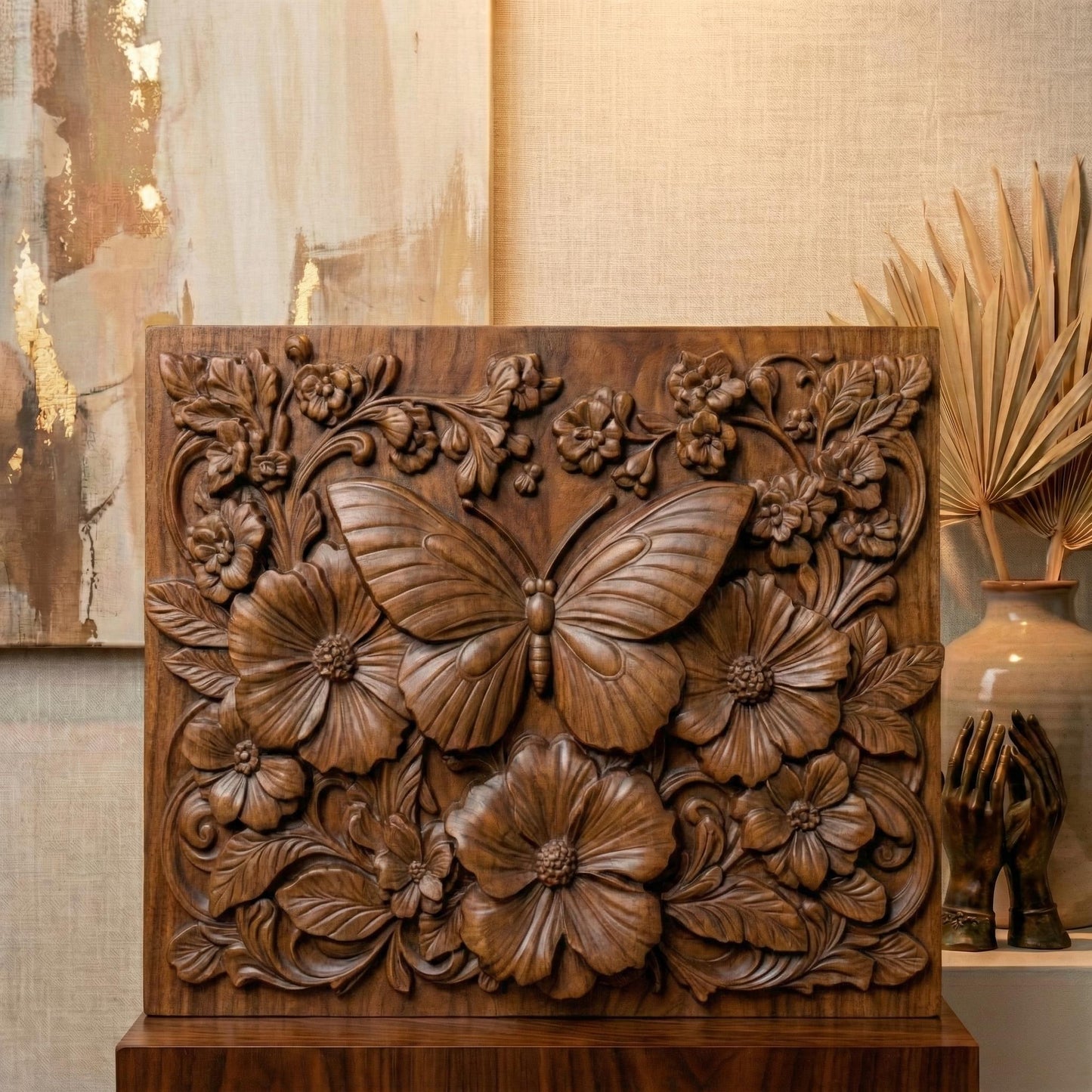A highly detailed 3D bas-relief of a butterfly surrounded by blooming flowers and elegant leaves. The composition is designed in a natural, ornate style with intricate textures, making it ideal for wood carving, CNC machining, or laser engraving. The artwork emphasizes symmetry, nature, and craftsmanship, suitable as wall decor or digital carving art.