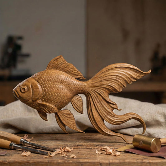 Elegant bas-relief carving of a flowing goldfish with detailed scales, large expressive eye, and long, graceful fins drifting through water bubbles. The design is shown as a framed wooden wall panel, a carved wood plaque on a workbench with chisels, and a standalone 3D sculpted fish model. The composition highlights fluid movement, layered depth, and ornamental aquatic beauty ideal for serene home décor.