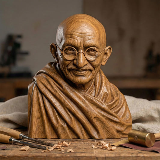 Highly detailed wooden bas-relief sculpture of Mahatma Gandhi featuring his serene expression, round glasses, bald head, and draped shawl. The portrait is carved in rich wood grain texture, highlighting facial wrinkles and soft folds of fabric. Displayed as both a freestanding bust and framed wall relief, symbolizing peace, wisdom, humility, and spiritual leadership.