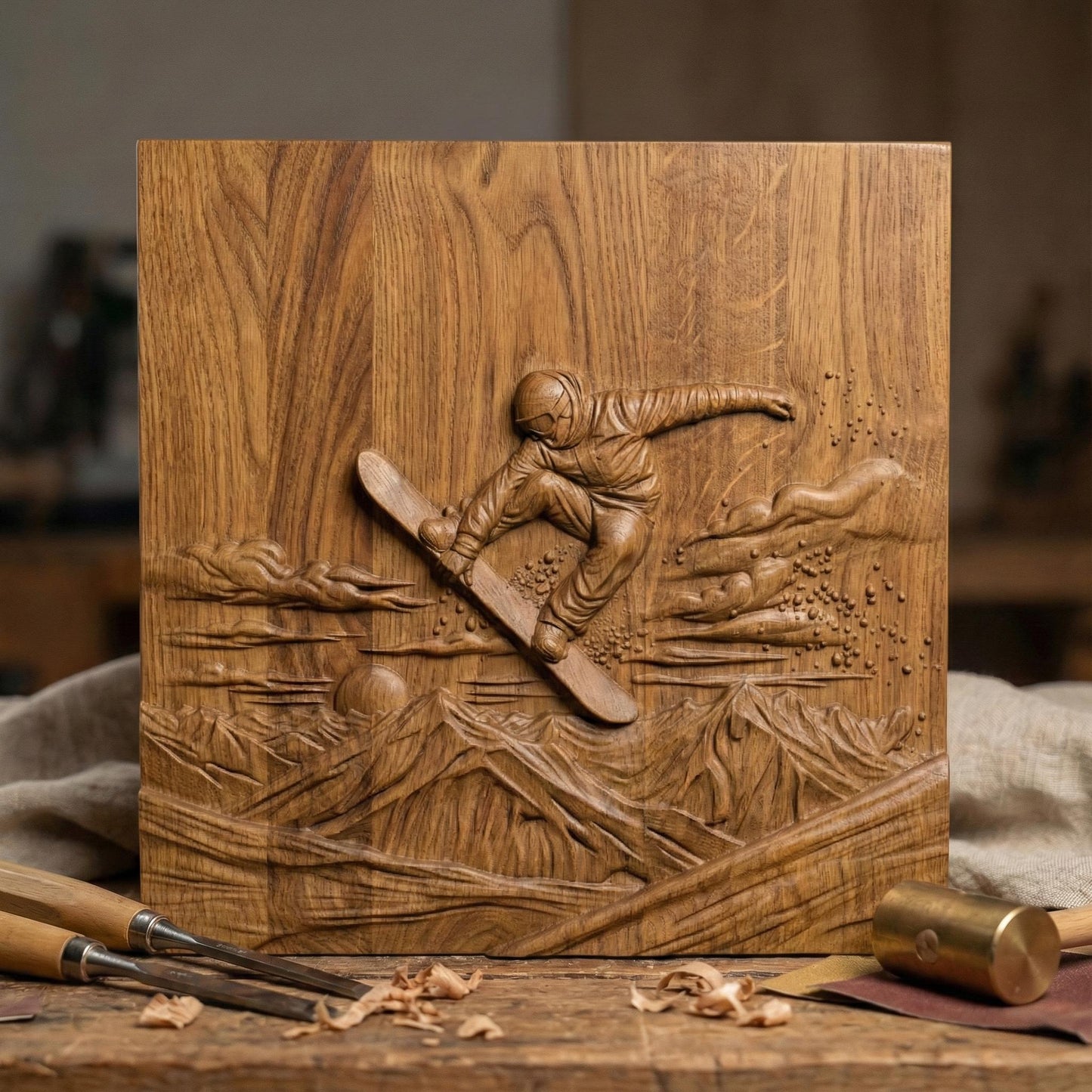 High-relief carving of a snowboarder mid-air performing a jump above rugged mountain peaks at sunset. The rider wears a helmet and winter gear, surrounded by swirling clouds and scattered snow particles. The background features layered mountain ranges and a low sun on the horizon, creating depth and motion. Designed as a detailed bas-relief panel suitable for CNC carving or 3D printing, capturing dynamic winter sports energy and alpine adventure.