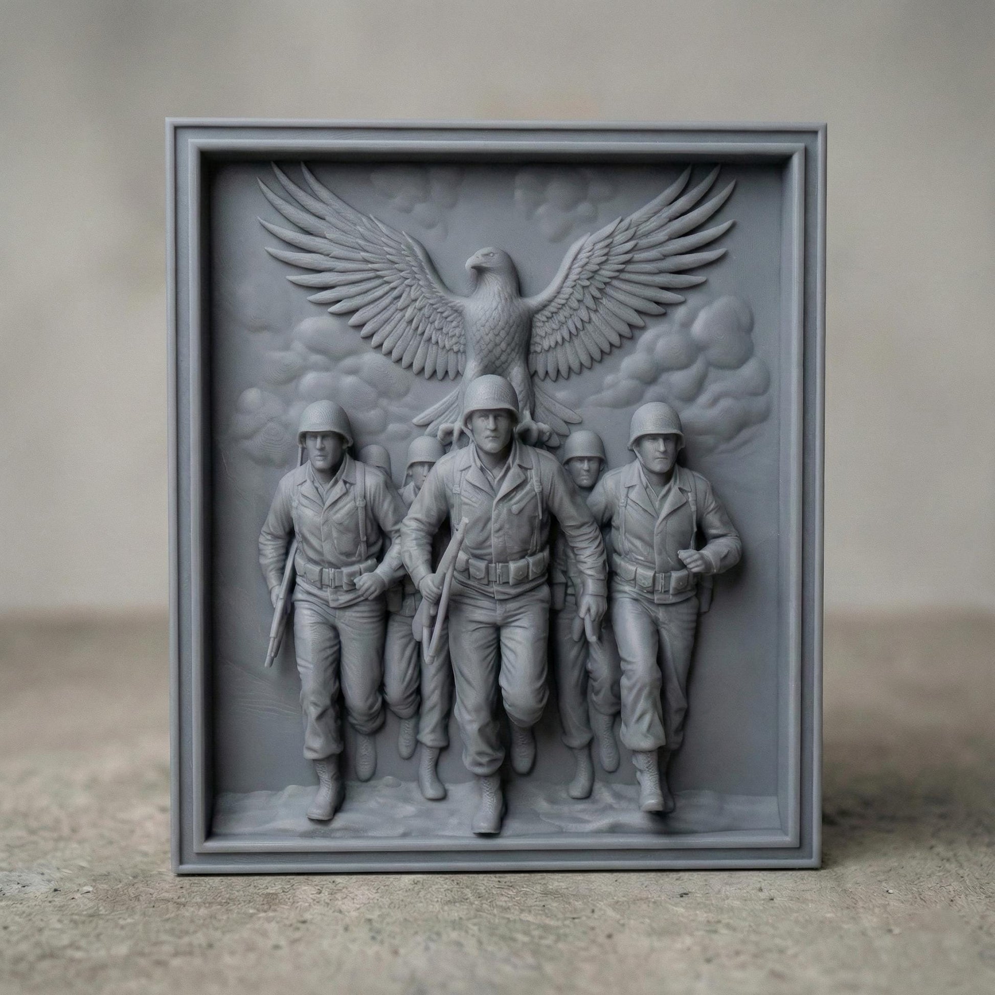 Detailed bas-relief carving of five marching soldiers in uniform advancing forward with rifles in hand, symbolizing unity and bravery. Above them, a large eagle spreads its wings wide in a protective and patriotic gesture. The framed composition emphasizes strength, sacrifice, and honor. Designed as a high-depth relief panel for CNC carving or 3D printing, ideal for military tribute wall art and veteran memorial décor.