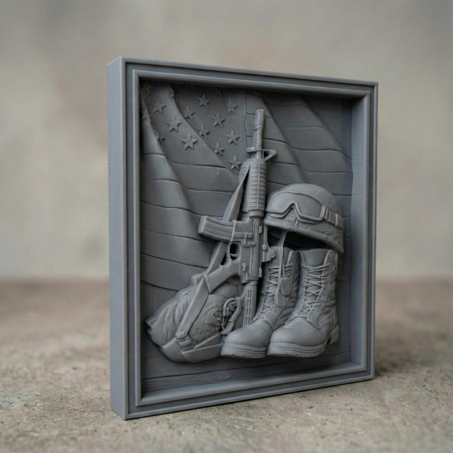 Intricately carved wooden bas-relief featuring USA Army combat boots with dog tags, an upright rifle, and a soldier’s helmet resting on the boots. Behind them, a flowing American flag with carved stars and stripes symbolizes patriotism and sacrifice. This detailed framed relief honors the 250th anniversary of America, celebrating military service, national pride, and the legacy of the United States Army.