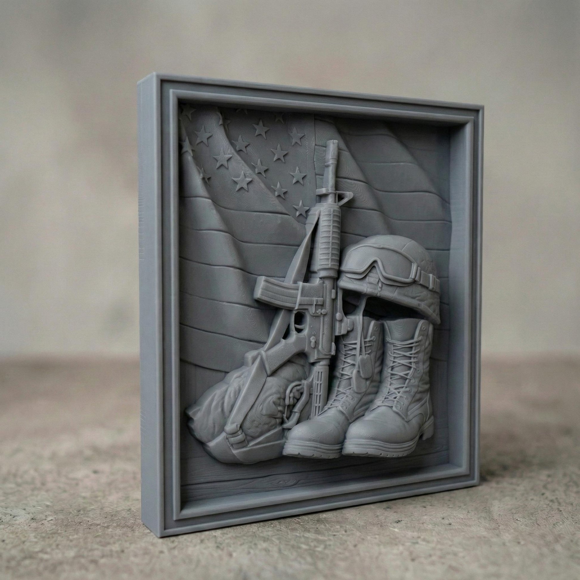 Intricately carved wooden bas-relief featuring USA Army combat boots with dog tags, an upright rifle, and a soldier’s helmet resting on the boots. Behind them, a flowing American flag with carved stars and stripes symbolizes patriotism and sacrifice. This detailed framed relief honors the 250th anniversary of America, celebrating military service, national pride, and the legacy of the United States Army.