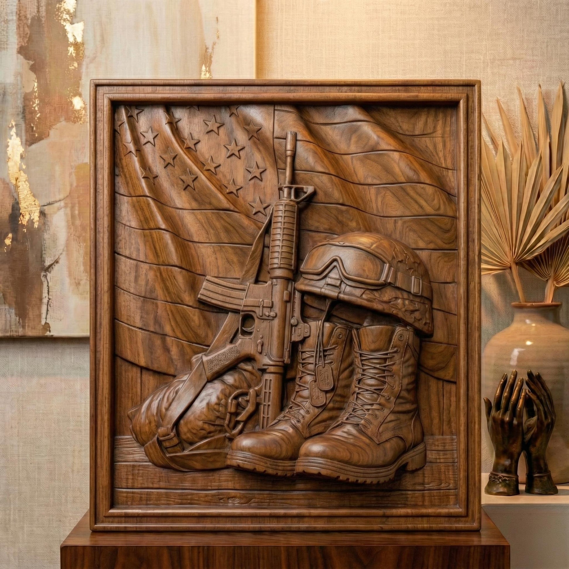 Intricately carved wooden bas-relief featuring USA Army combat boots with dog tags, an upright rifle, and a soldier’s helmet resting on the boots. Behind them, a flowing American flag with carved stars and stripes symbolizes patriotism and sacrifice. This detailed framed relief honors the 250th anniversary of America, celebrating military service, national pride, and the legacy of the United States Army.