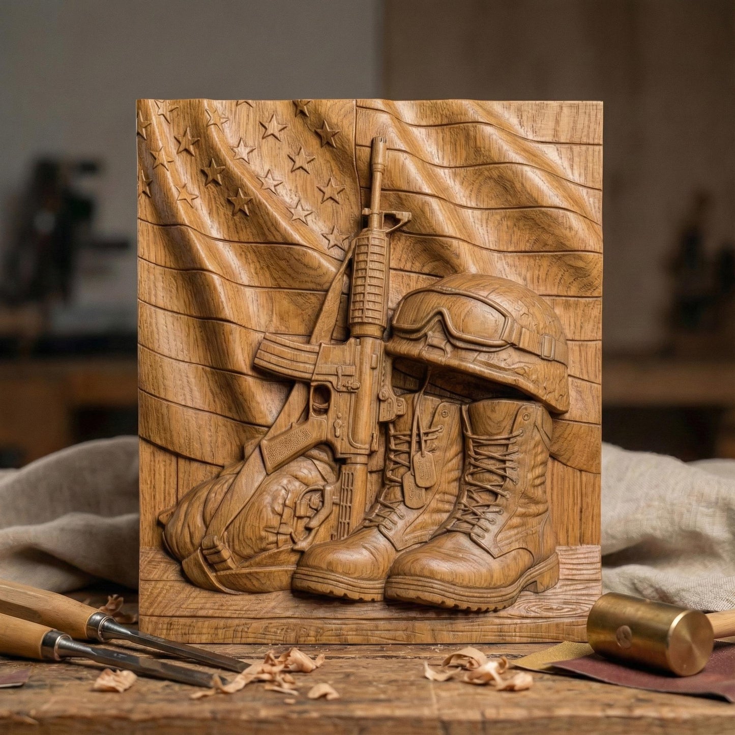 Intricately carved wooden bas-relief featuring USA Army combat boots with dog tags, an upright rifle, and a soldier’s helmet resting on the boots. Behind them, a flowing American flag with carved stars and stripes symbolizes patriotism and sacrifice. This detailed framed relief honors the 250th anniversary of America, celebrating military service, national pride, and the legacy of the United States Army.