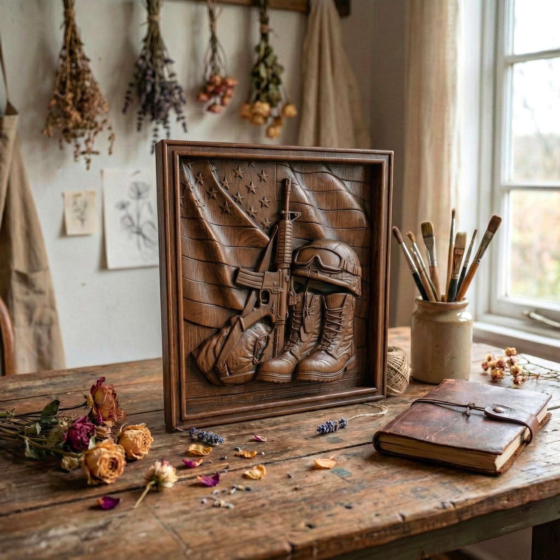 Intricately carved wooden bas-relief featuring USA Army combat boots with dog tags, an upright rifle, and a soldier’s helmet resting on the boots. Behind them, a flowing American flag with carved stars and stripes symbolizes patriotism and sacrifice. This detailed framed relief honors the 250th anniversary of America, celebrating military service, national pride, and the legacy of the United States Army.
