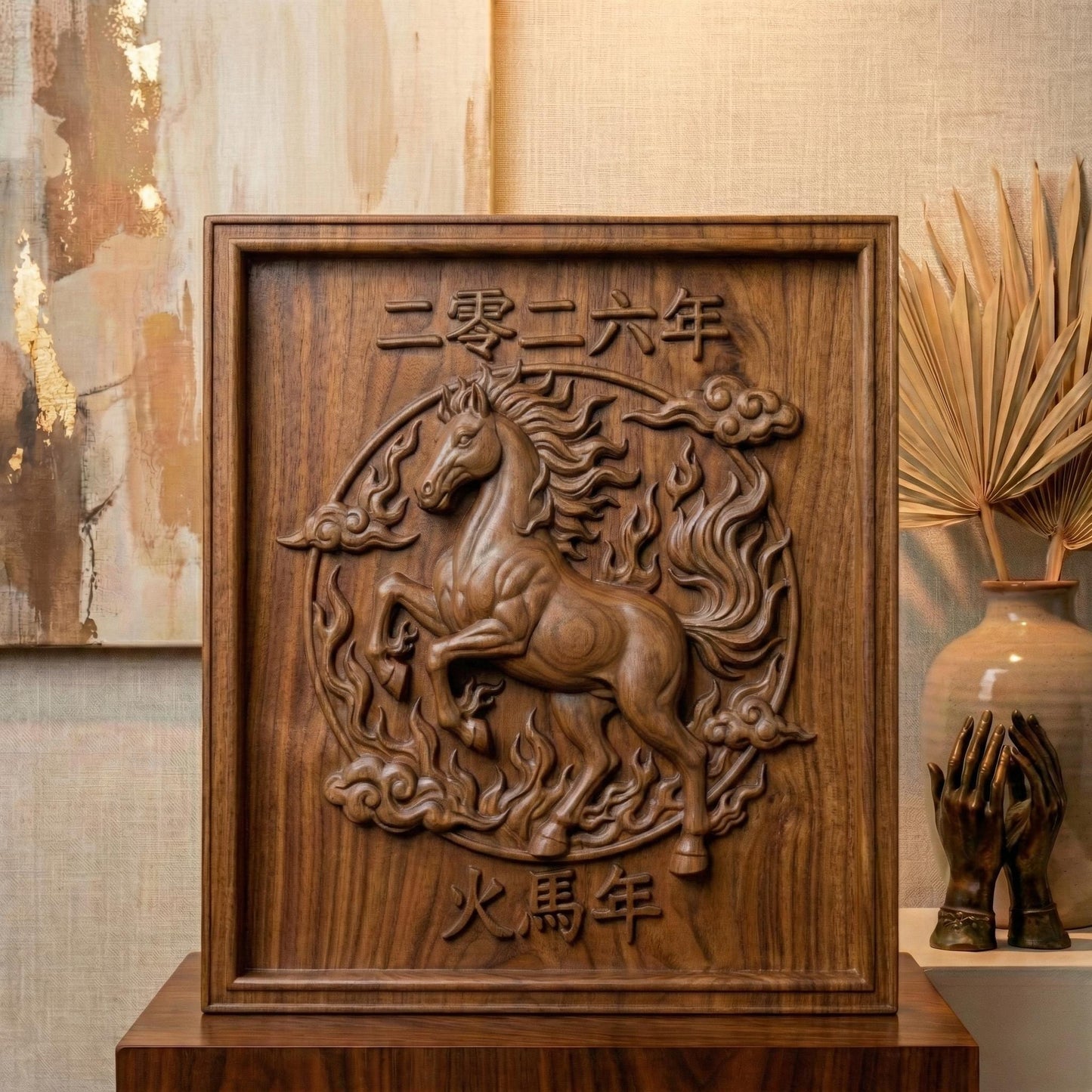 Intricate bas-relief carving of a powerful rearing horse surrounded by flowing flames and stylized clouds within a circular frame. Chinese characters above read “2026” and below “Fire Horse Year.” The composition symbolizes strength, passion, transformation, and prosperity in the Lunar New Year. Designed as a detailed framed relief panel ideal for CNC carving or 3D printing as zodiac-inspired wall décor.