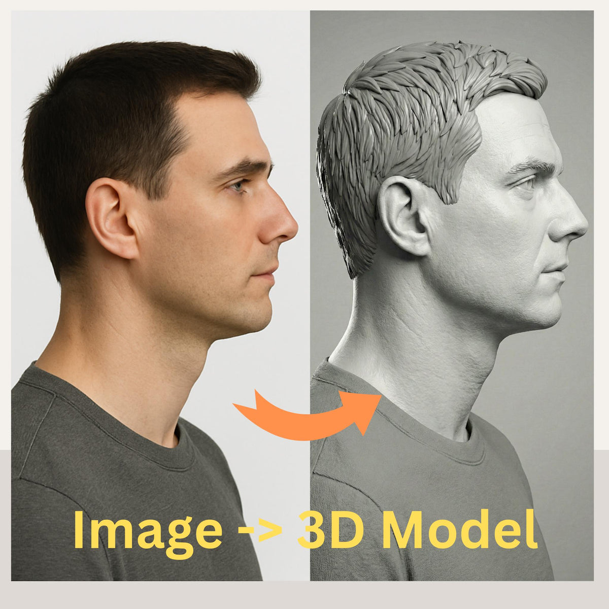 Custom 3D head model created by a Senior Character and Creature Artist with 17+ years in VFX films and games. Based on customer-provided photos, the model features professional clean topology, ready for animation, rigging, 3D printing, and cosplay helmet fitting. Example shows a realistic male head converted into a shaded and wireframe 3D model. Perfect for cosplayers, animators, 3D printing enthusiasts, and digital creators seeking production-quality 3D assets.