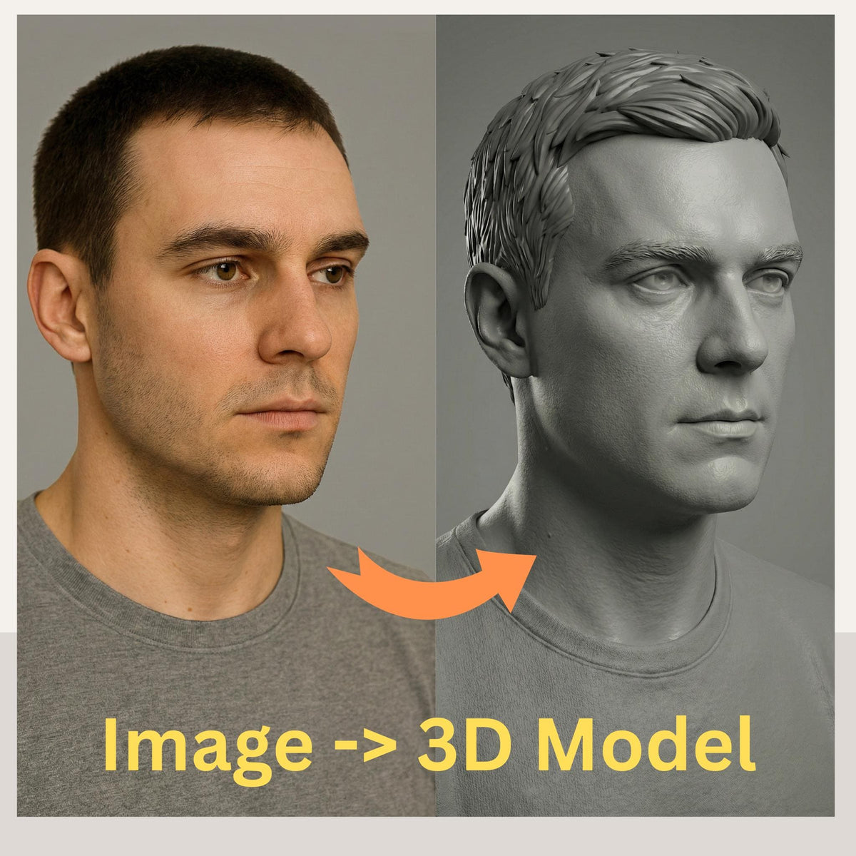 Custom 3D head model created by a Senior Character and Creature Artist with 17+ years in VFX films and games. Based on customer-provided photos, the model features professional clean topology, ready for animation, rigging, 3D printing, and cosplay helmet fitting. Example shows a realistic male head converted into a shaded and wireframe 3D model. Perfect for cosplayers, animators, 3D printing enthusiasts, and digital creators seeking production-quality 3D assets.