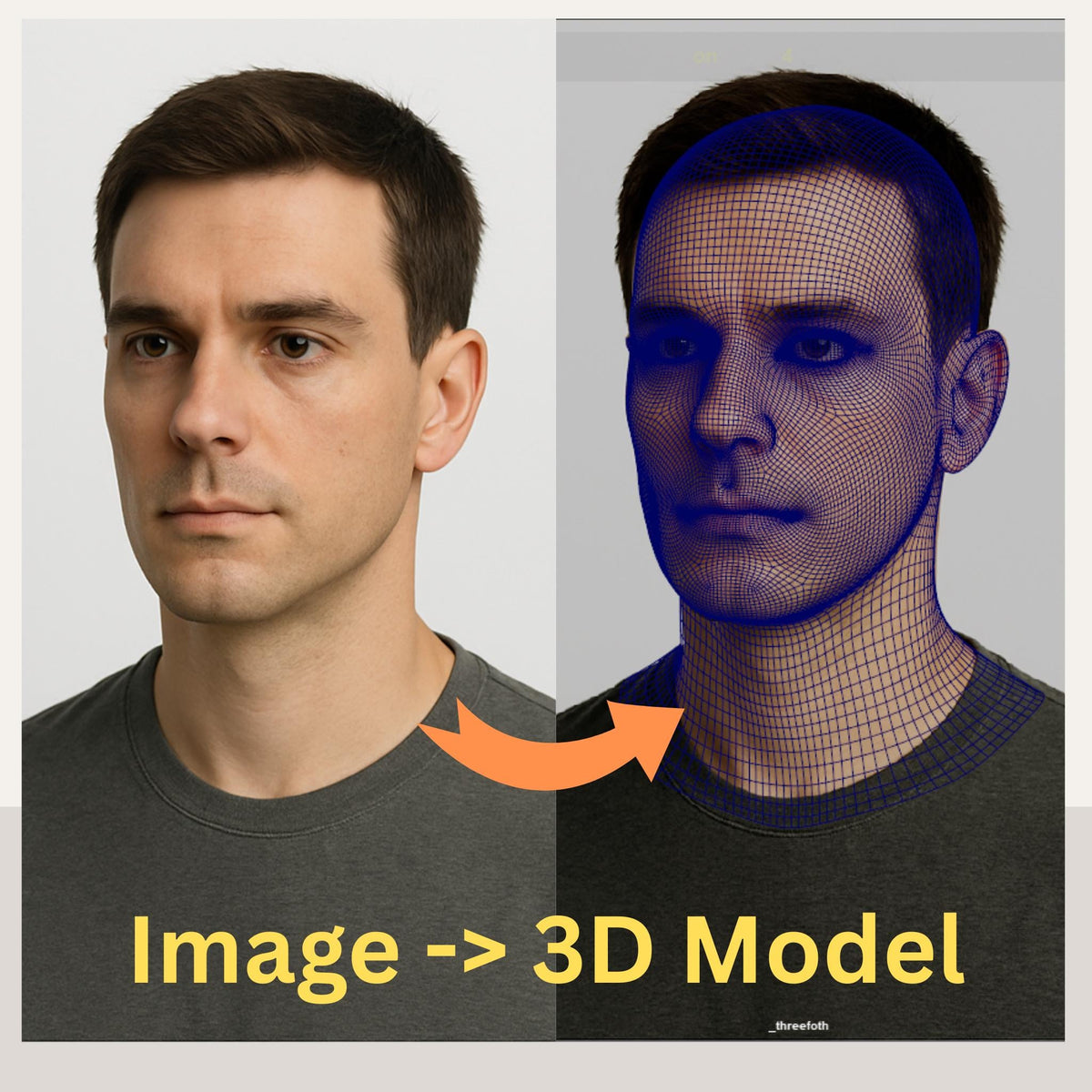 Custom 3D head model created by a Senior Character and Creature Artist with 17+ years in VFX films and games. Based on customer-provided photos, the model features professional clean topology, ready for animation, rigging, 3D printing, and cosplay helmet fitting. Example shows a realistic male head converted into a shaded and wireframe 3D model. Perfect for cosplayers, animators, 3D printing enthusiasts, and digital creators seeking production-quality 3D assets.
