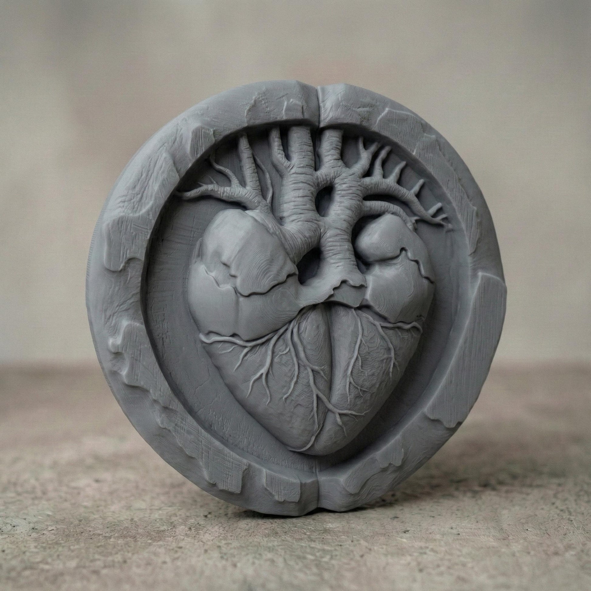 Round bas-relief wood carving of an anatomical human heart seamlessly merging with tree branches and roots, symbolizing life and love. The heart’s arteries extend upward like a tree of life canopy, while veins form organic roots below. Encased in a circular frame with natural wood texture and deep relief detail, this sculptural design evokes romance, vitality, and sacred connection, ideal for CNC carving or 3D printed wall decor.