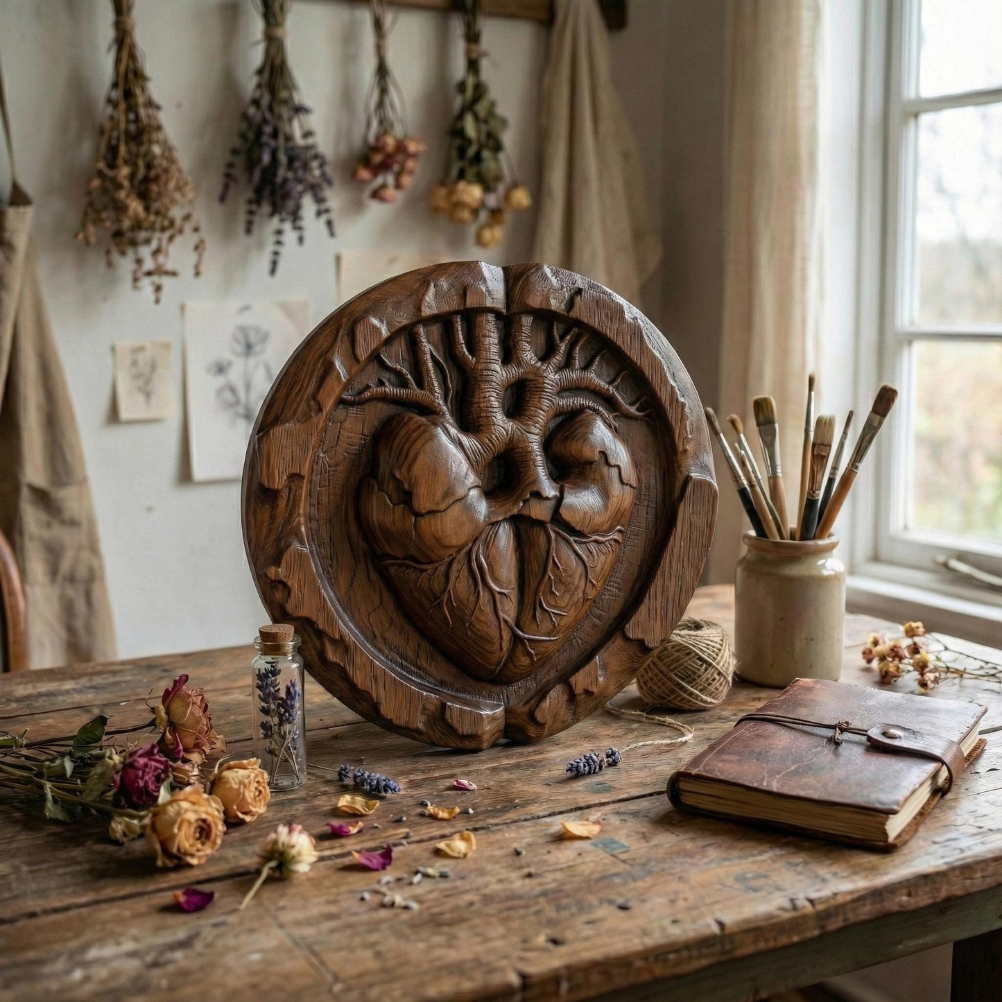 Round bas-relief wood carving of an anatomical human heart seamlessly merging with tree branches and roots, symbolizing life and love. The heart’s arteries extend upward like a tree of life canopy, while veins form organic roots below. Encased in a circular frame with natural wood texture and deep relief detail, this sculptural design evokes romance, vitality, and sacred connection, ideal for CNC carving or 3D printed wall decor.