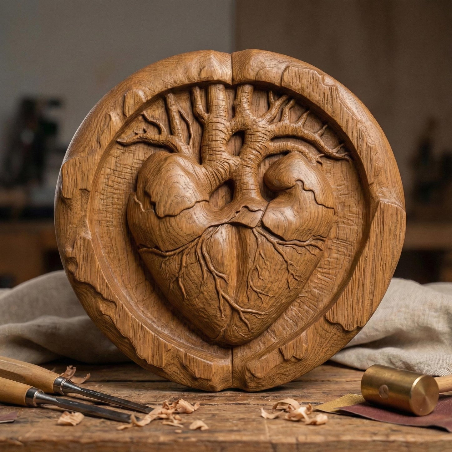 Round bas-relief wood carving of an anatomical human heart seamlessly merging with tree branches and roots, symbolizing life and love. The heart’s arteries extend upward like a tree of life canopy, while veins form organic roots below. Encased in a circular frame with natural wood texture and deep relief detail, this sculptural design evokes romance, vitality, and sacred connection, ideal for CNC carving or 3D printed wall decor.