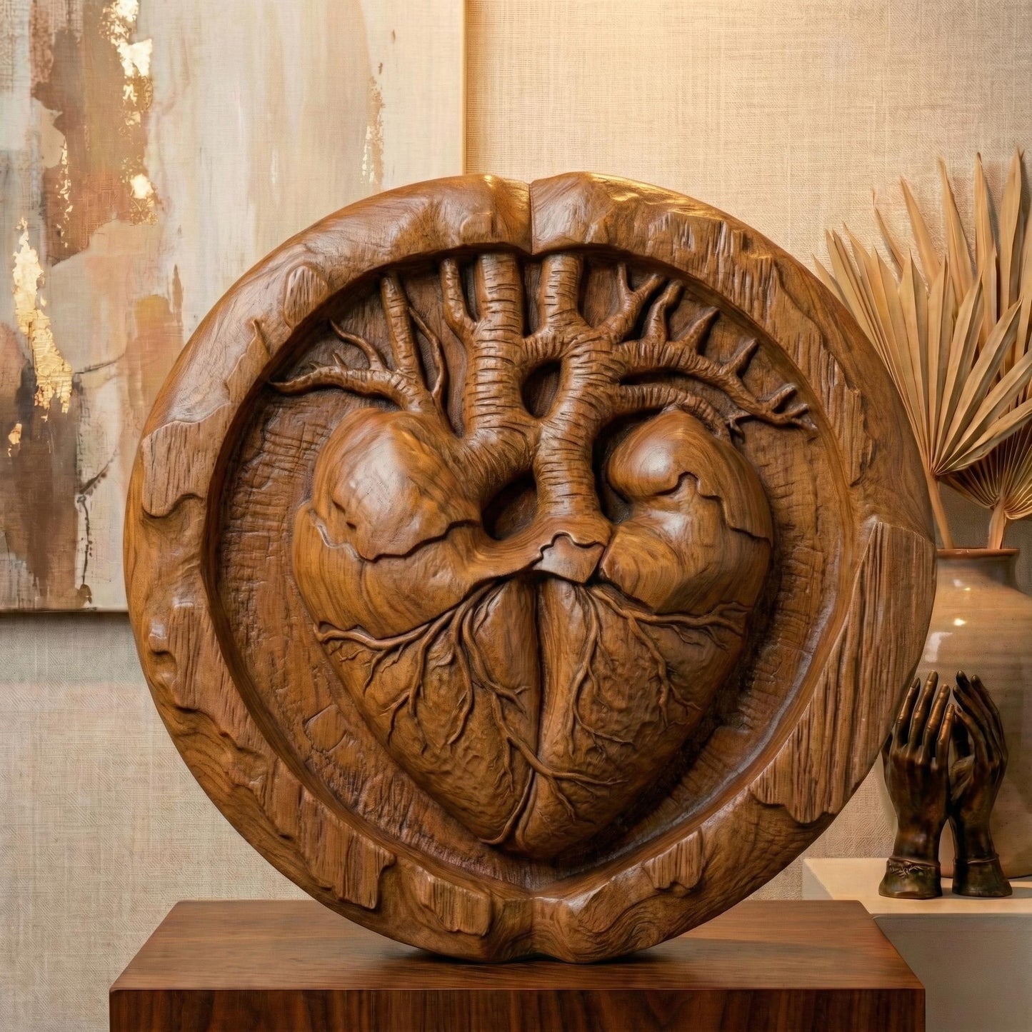 Round bas-relief wood carving of an anatomical human heart seamlessly merging with tree branches and roots, symbolizing life and love. The heart’s arteries extend upward like a tree of life canopy, while veins form organic roots below. Encased in a circular frame with natural wood texture and deep relief detail, this sculptural design evokes romance, vitality, and sacred connection, ideal for CNC carving or 3D printed wall decor.
