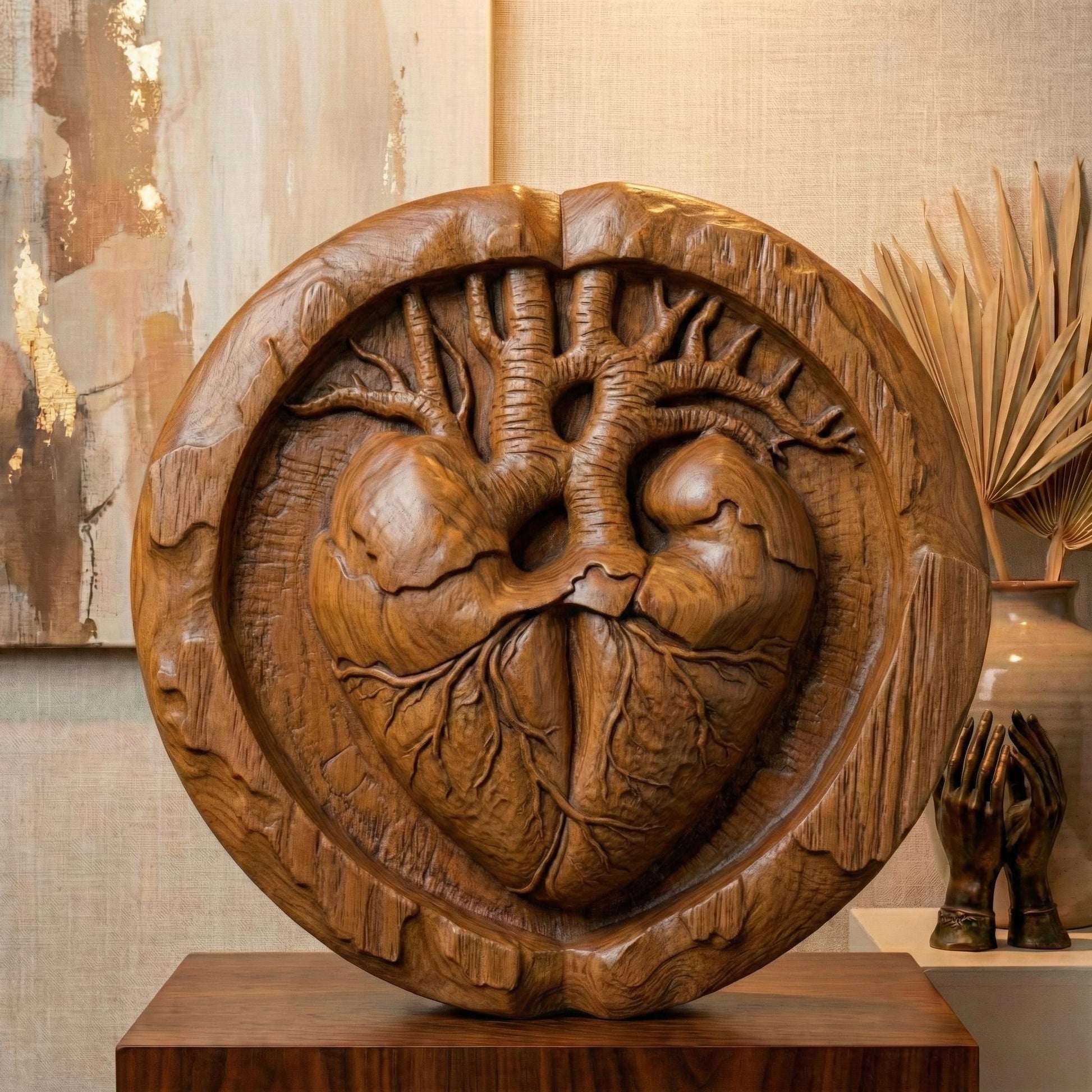 Round bas-relief wood carving of an anatomical human heart seamlessly merging with tree branches and roots, symbolizing life and love. The heart’s arteries extend upward like a tree of life canopy, while veins form organic roots below. Encased in a circular frame with natural wood texture and deep relief detail, this sculptural design evokes romance, vitality, and sacred connection, ideal for CNC carving or 3D printed wall decor.