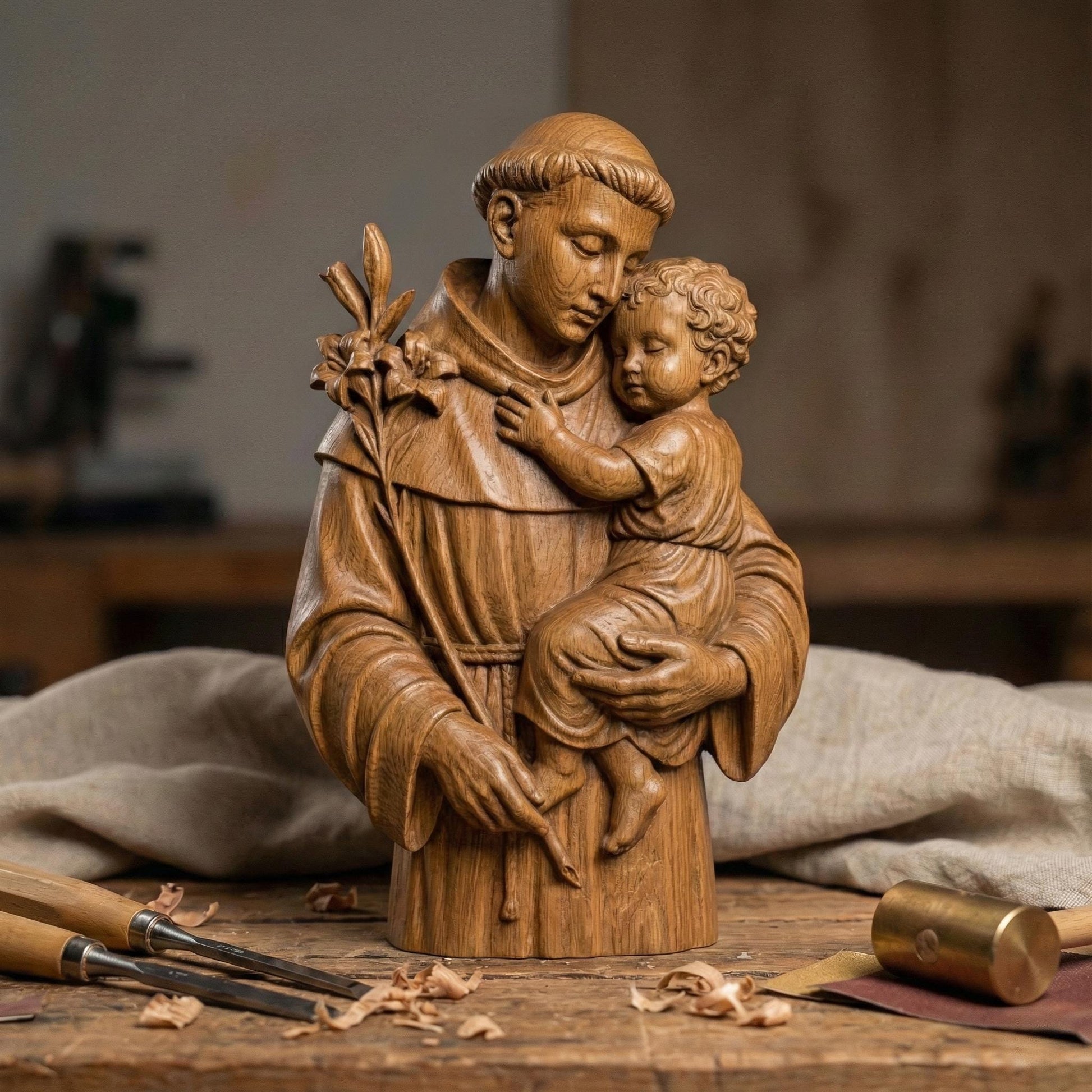 Exquisite 3D wooden bas-relief sculpture of St. Anthony gently holding Baby Jesus. This detailed carving captures serenity, love, and devotion — a timeless symbol of faith and compassion. Perfect for Christian homes, chapels, or as a sacred gift during Christmas or Easter. The fine wood texture and lifelike craftsmanship bring warmth and spirituality to any space, making it a meaningful religious artwork and a testament to St. Anthony’s care and protection.