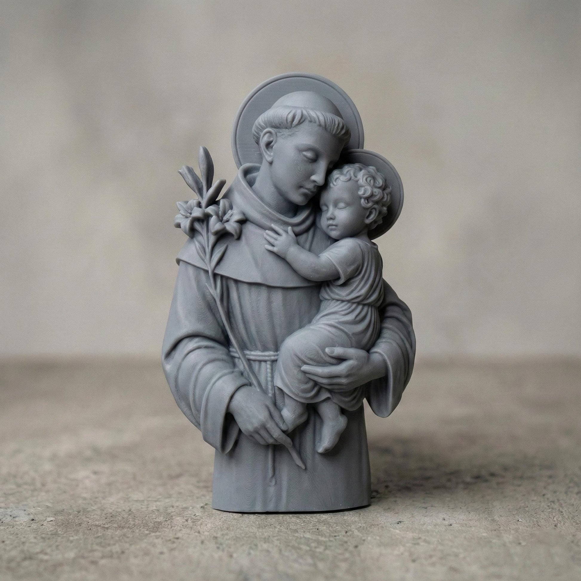 Exquisite 3D wooden bas-relief sculpture of St. Anthony gently holding Baby Jesus. This detailed carving captures serenity, love, and devotion — a timeless symbol of faith and compassion. Perfect for Christian homes, chapels, or as a sacred gift during Christmas or Easter. The fine wood texture and lifelike craftsmanship bring warmth and spirituality to any space, making it a meaningful religious artwork and a testament to St. Anthony’s care and protection.