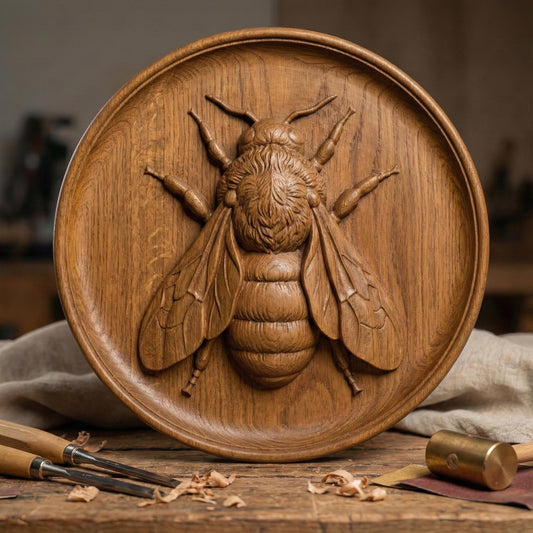 Round bas-relief featuring a realistic honey bee with detailed wings, textured thorax, and segmented abdomen carved in deep relief. The bee is centered on a circular wood panel with natural grain patterns, symbolizing spring renewal, pollination, and growth. Strong shadow lines and layered carving add depth and dimension, making this design ideal for CNC carving, 3D printing, and spring farmhouse wall decor.
