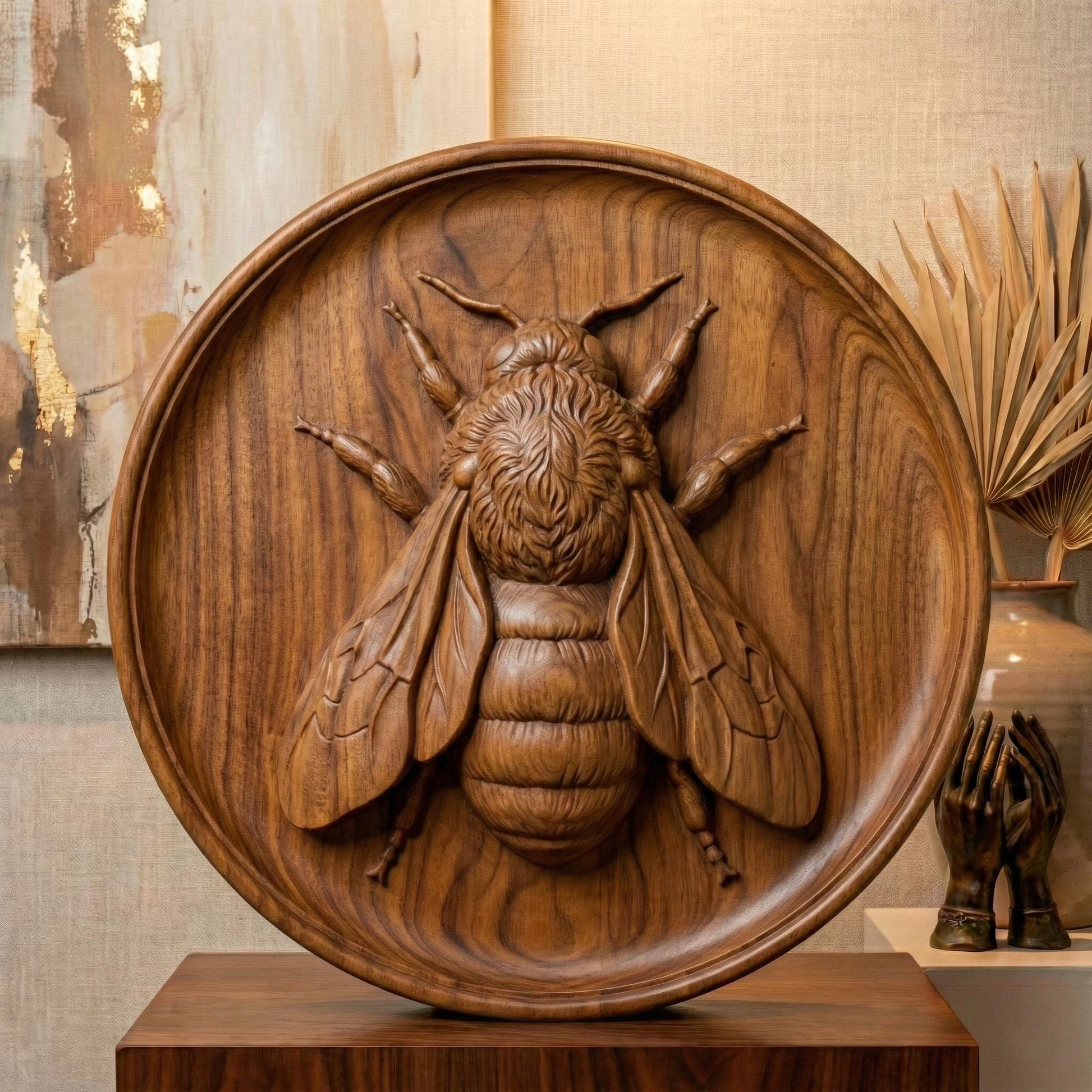 Round bas-relief featuring a realistic honey bee with detailed wings, textured thorax, and segmented abdomen carved in deep relief. The bee is centered on a circular wood panel with natural grain patterns, symbolizing spring renewal, pollination, and growth. Strong shadow lines and layered carving add depth and dimension, making this design ideal for CNC carving, 3D printing, and spring farmhouse wall decor.