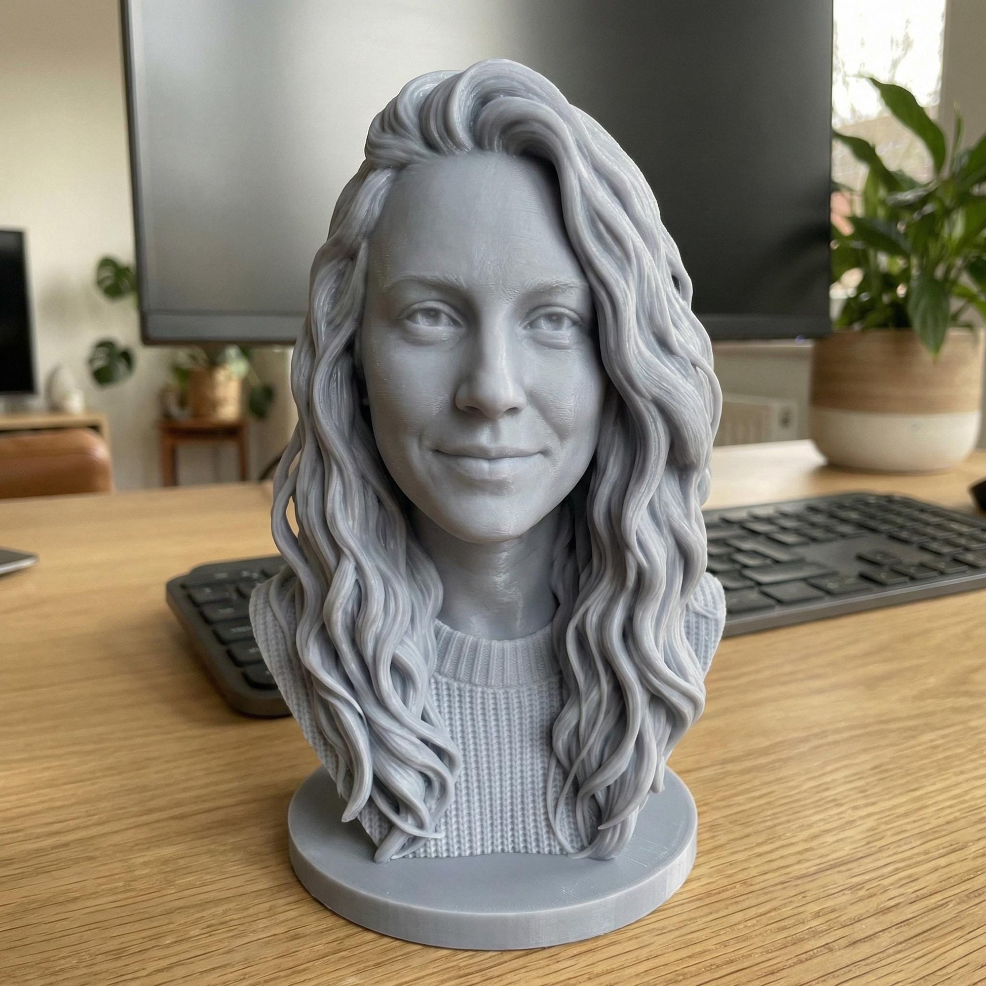 High-detail resin-ready 3D printable human head bust sculpture with realistic anatomy, accurate facial structure, and refined surface detailing. Digitally sculpted with cinematic and game-quality realism, featuring natural proportions, expressive facial features, and smooth professional finish. Designed as a standalone bust on a round base, ideal for display, custom portraits, memorials, collectible art, and character studies.