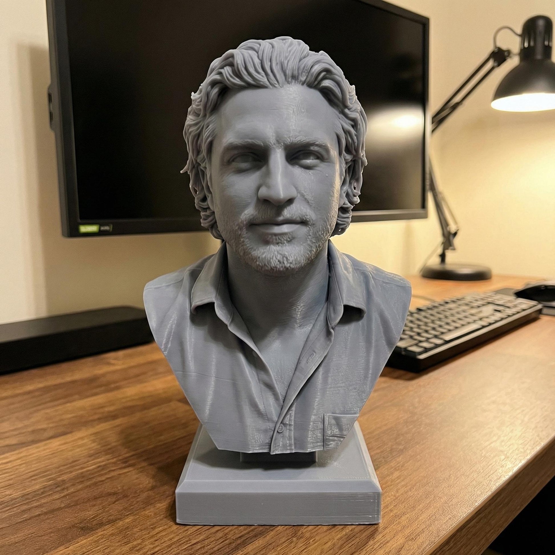 High-detail resin-ready 3D printable human head bust sculpture with realistic anatomy, accurate facial structure, and refined surface detailing. Digitally sculpted with cinematic and game-quality realism, featuring natural proportions, expressive facial features, and smooth professional finish. Designed as a standalone bust on a round base, ideal for display, custom portraits, memorials, collectible art, and character studies.