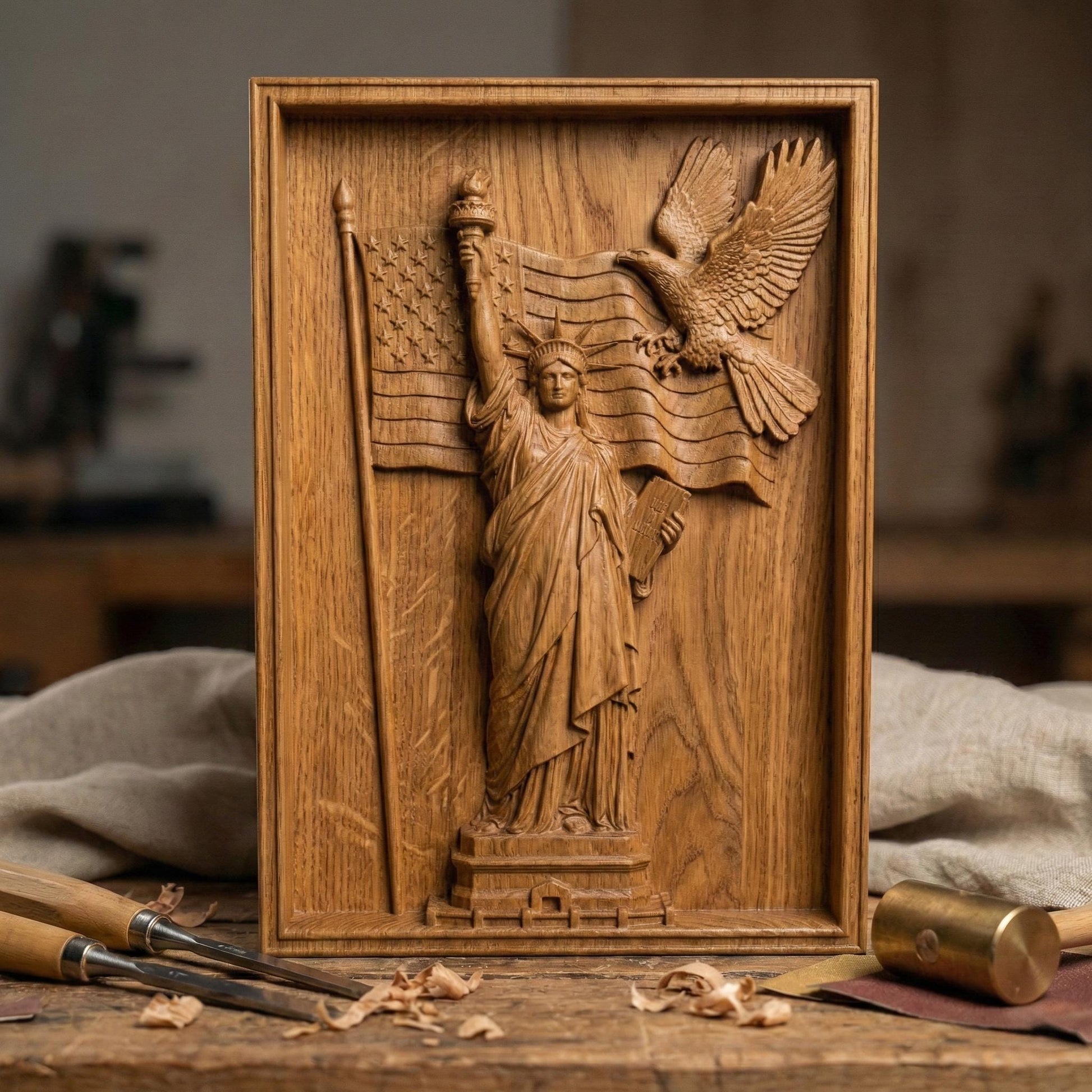 A detailed 3D bas-relief design featuring the Statue of Liberty holding a torch and a book, with a bald eagle soaring across a flowing American flag. This powerful vertical artwork celebrates Independence Day (United States) and is perfect for CNC carving, laser engraving, or 3D printing on wood, resin, or stone. Ideal for July 4th patriotic displays, American-themed home decor, and gifting. A striking tribute to freedom, liberty, and national pride.