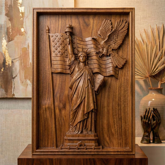 A detailed 3D bas-relief design featuring the Statue of Liberty holding a torch and a book, with a bald eagle soaring across a flowing American flag. This powerful vertical artwork celebrates Independence Day (United States) and is perfect for CNC carving, laser engraving, or 3D printing on wood, resin, or stone. Ideal for July 4th patriotic displays, American-themed home decor, and gifting. A striking tribute to freedom, liberty, and national pride.