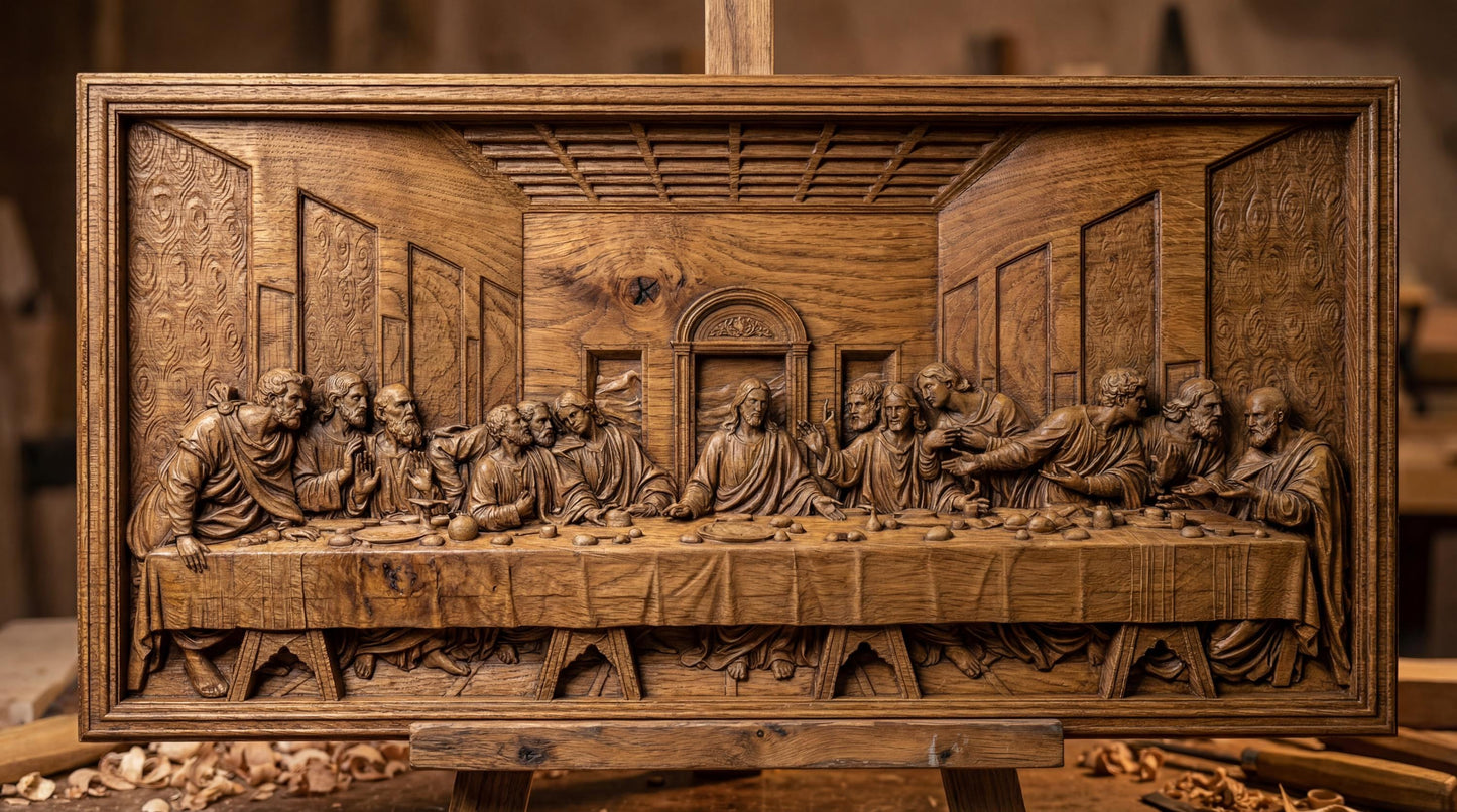 Highly detailed bas-relief depiction of the Last Supper featuring Jesus Christ seated at the center with the twelve apostles gathered around a long dining table inside a classical interior setting. The scene shows expressive gestures, flowing robes, textured walls, and architectural depth. Designed as a framed rectangular relief panel suitable for CNC carving, 3D printing, and church or home devotional wall décor.