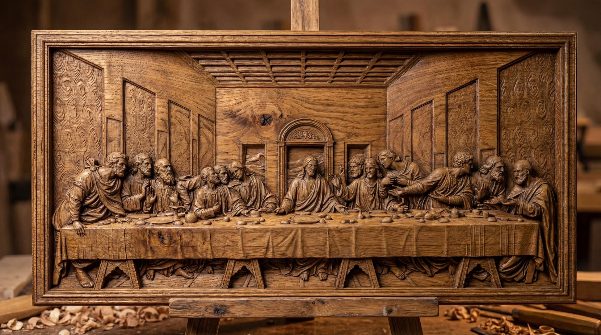 Highly detailed bas-relief depiction of the Last Supper featuring Jesus Christ seated at the center with the twelve apostles gathered around a long dining table inside a classical interior setting. The scene shows expressive gestures, flowing robes, textured walls, and architectural depth. Designed as a framed rectangular relief panel suitable for CNC carving, 3D printing, and church or home devotional wall décor.