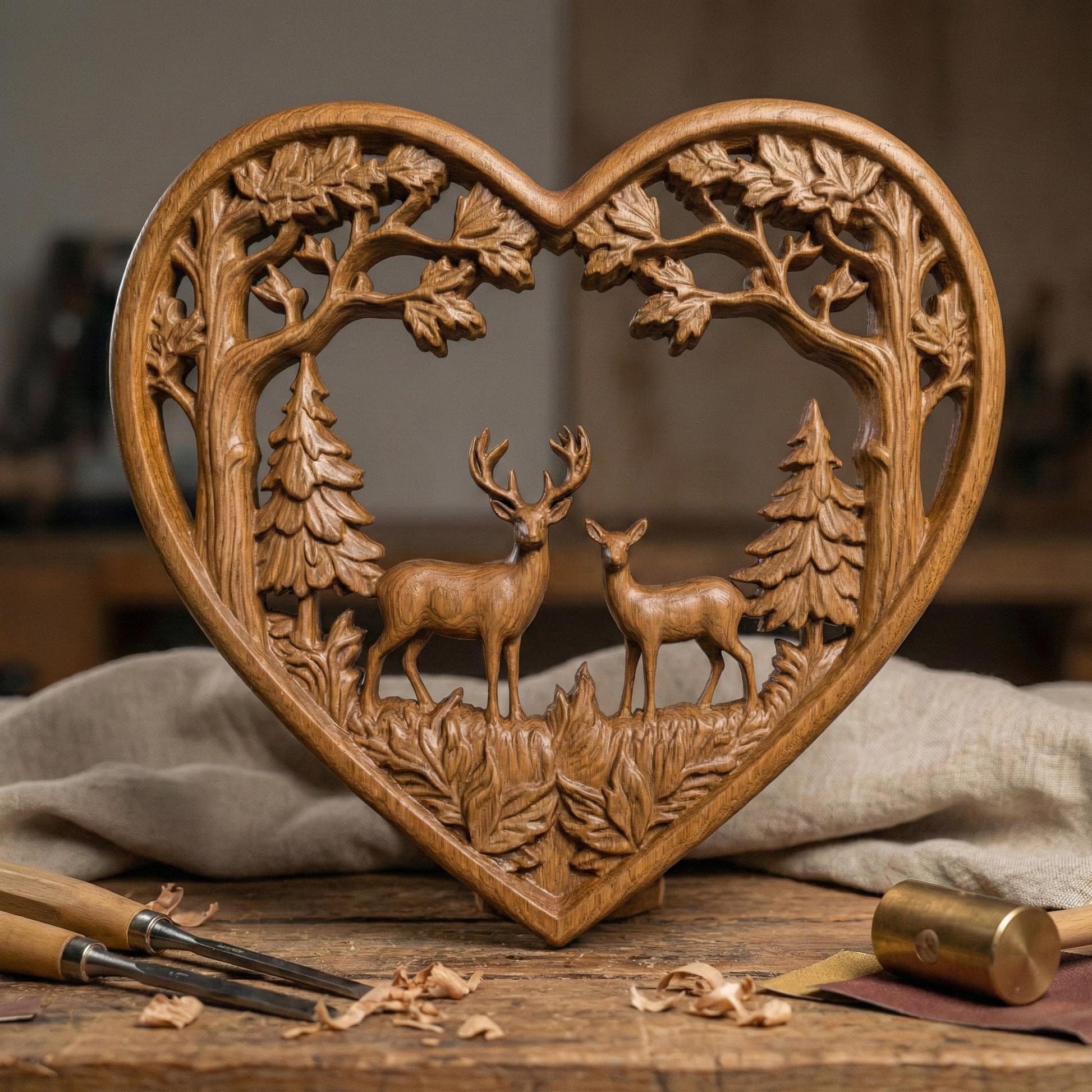 Heart-shaped woodland scene featuring a stag and doe standing together inside a forest frame of detailed oak trees and pine trees. The openwork design includes flowing branches and carved leaves surrounding the deer couple, symbolizing love, nature, family, and harmony. Designed as a decorative wall art panel for CNC carving and 3D printing with rich organic textures and rustic charm.