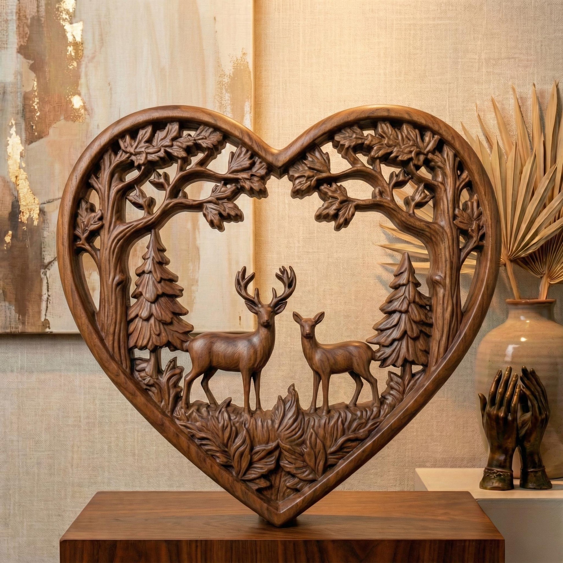Heart-shaped woodland scene featuring a stag and doe standing together inside a forest frame of detailed oak trees and pine trees. The openwork design includes flowing branches and carved leaves surrounding the deer couple, symbolizing love, nature, family, and harmony. Designed as a decorative wall art panel for CNC carving and 3D printing with rich organic textures and rustic charm.