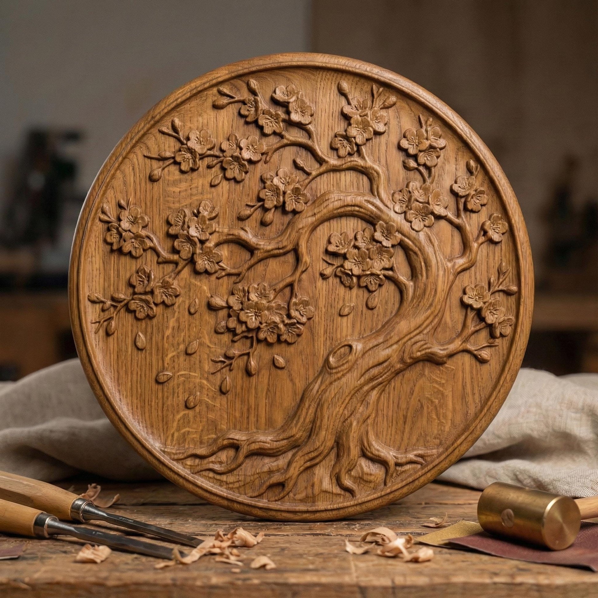 Round bas-relief panel featuring an elegant cherry blossom tree with flowing curved trunk, detailed branches, and blooming flowers. Delicate petals appear gently falling around the tree, creating a peaceful and natural composition. The circular frame enhances balance and harmony, making it ideal as decorative wall art for CNC carving or 3D printing with rich organic texture and depth.