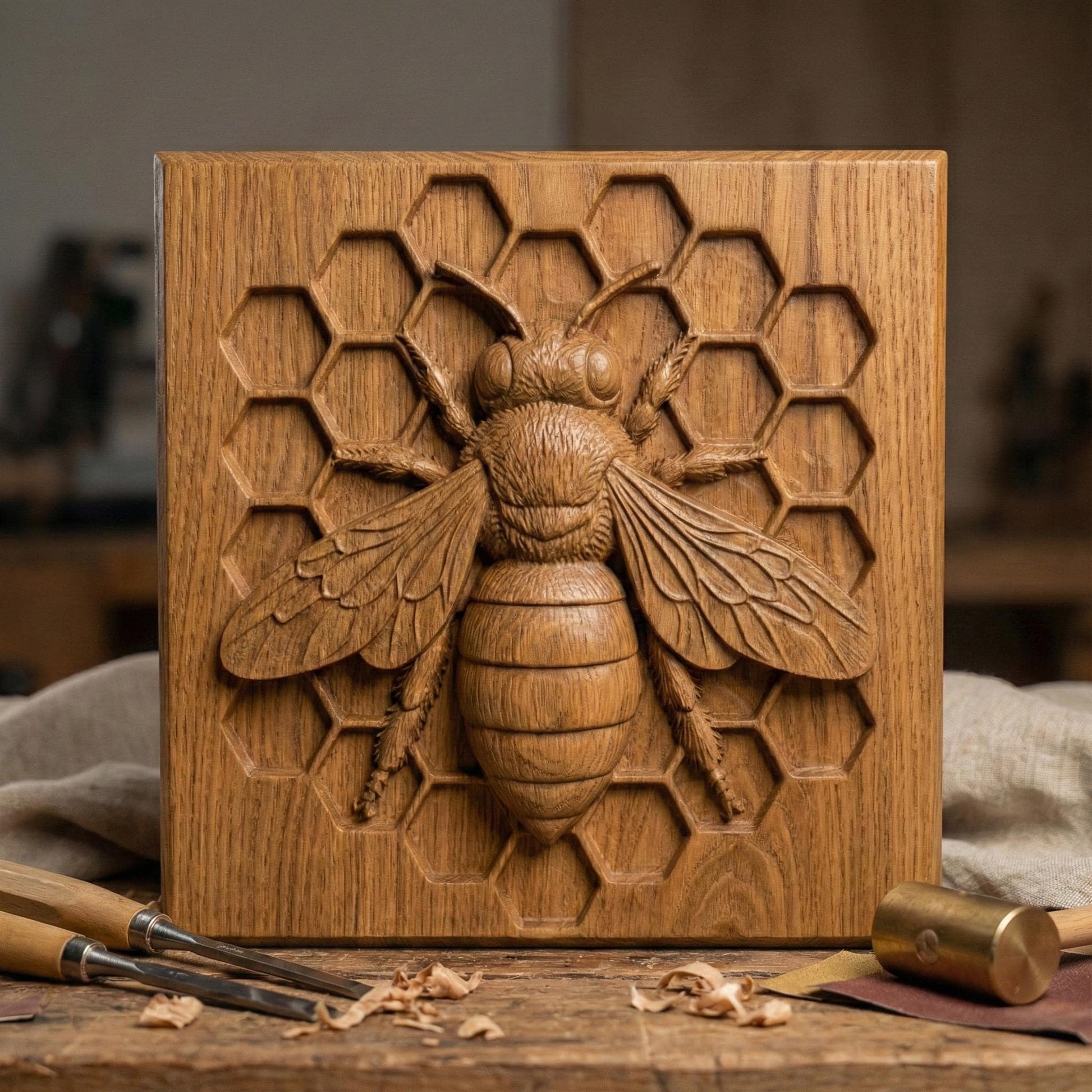 Detailed bas-relief sculpture of a honey bee centered on a hexagonal honeycomb background. The square panel features realistic wings, textured body, antennae, and symmetrical honeycomb cells carved behind the bee. Designed as decorative wall art with clean geometric framing, ideal for CNC carving or 3D printing projects with sharp detail and natural texture.