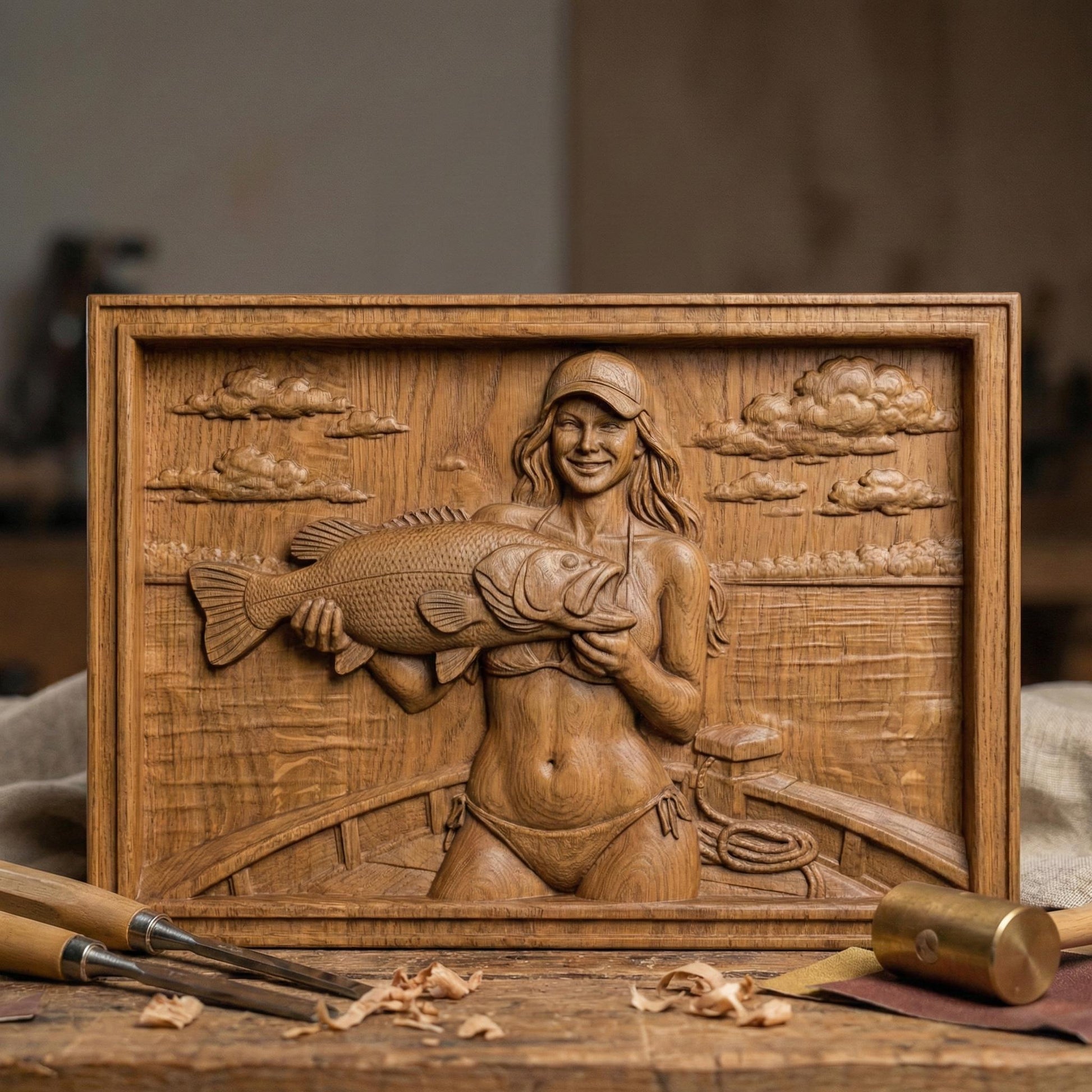 Detailed bas-relief carving of a smiling female angler holding a large bass fish while standing on a boat. The scene features calm lake water, carved clouds in the sky, and realistic wood grain texture. The rectangular framed panel highlights fine details in the fish scales, facial expression, and boat elements, designed for CNC carving or 3D printing as rustic fishing wall decor.
