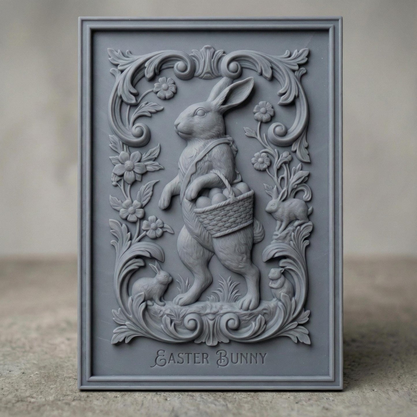 Decorative bas-relief panel featuring a standing Easter bunny holding a woven basket filled with eggs. The rabbit is surrounded by elegant floral scrollwork, blooming flowers, and small rabbits at the base. The framed vertical composition has a vintage ornamental style, designed for CNC carving or 3D printing as festive spring and Easter wall decor.