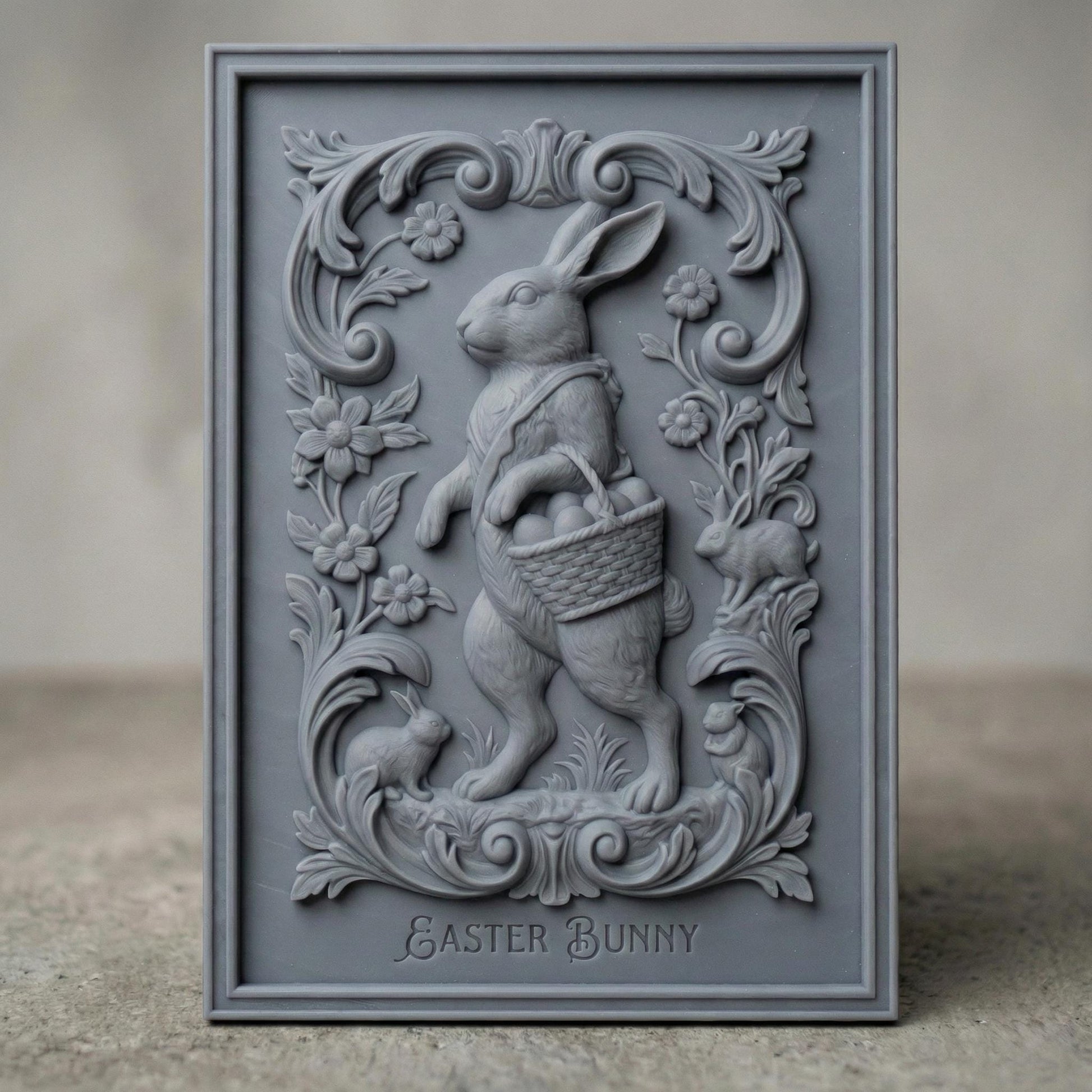 Decorative bas-relief panel featuring a standing Easter bunny holding a woven basket filled with eggs. The rabbit is surrounded by elegant floral scrollwork, blooming flowers, and small rabbits at the base. The framed vertical composition has a vintage ornamental style, designed for CNC carving or 3D printing as festive spring and Easter wall decor.