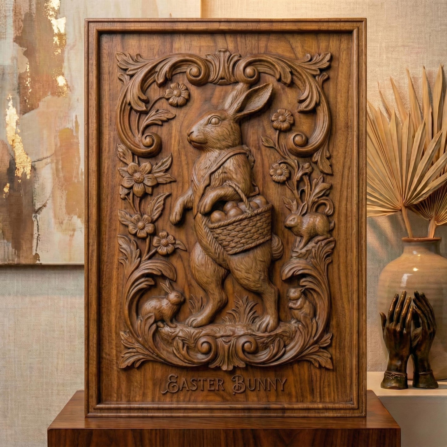 Decorative bas-relief panel featuring a standing Easter bunny holding a woven basket filled with eggs. The rabbit is surrounded by elegant floral scrollwork, blooming flowers, and small rabbits at the base. The framed vertical composition has a vintage ornamental style, designed for CNC carving or 3D printing as festive spring and Easter wall decor.