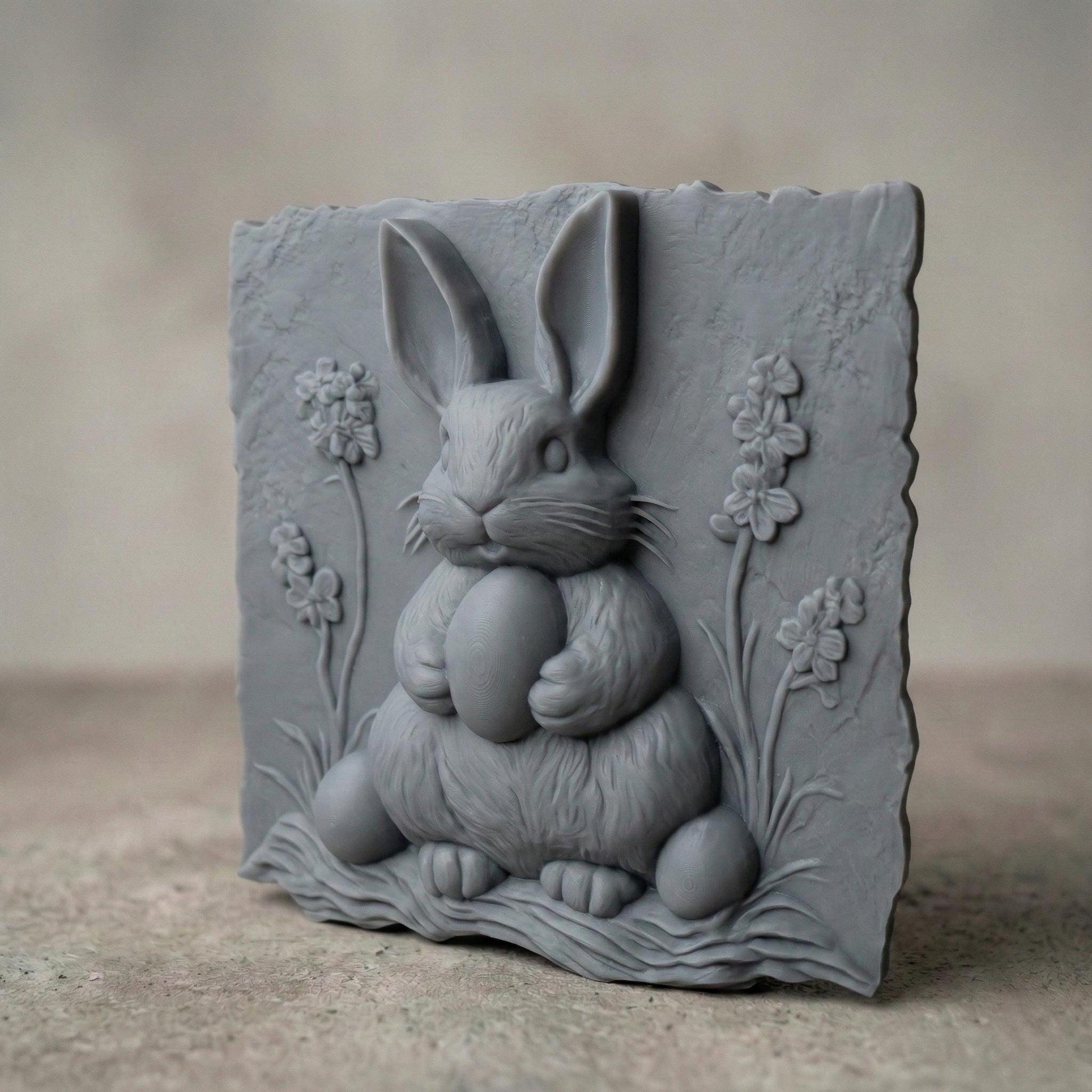 Rustic bas-relief carving of a cute Easter bunny holding a large egg, surrounded by simple wildflowers and grass. The design features a natural live-edge wood style background with organic texture and soft carved details. The bunny has rounded features and a gentle expression, making it perfect for spring and Easter wall decor designed for CNC carving or 3D printing.