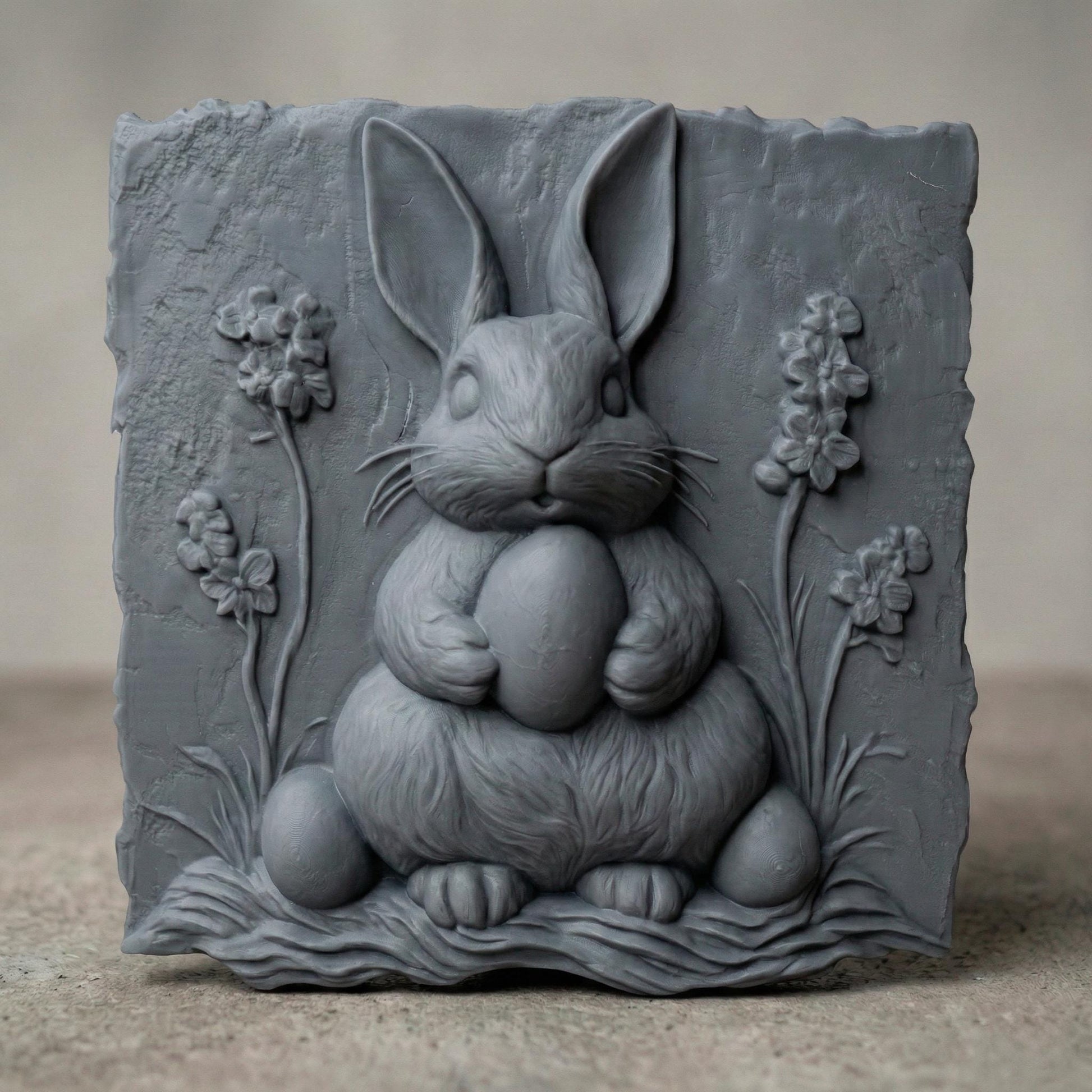 Rustic bas-relief carving of a cute Easter bunny holding a large egg, surrounded by simple wildflowers and grass. The design features a natural live-edge wood style background with organic texture and soft carved details. The bunny has rounded features and a gentle expression, making it perfect for spring and Easter wall decor designed for CNC carving or 3D printing.