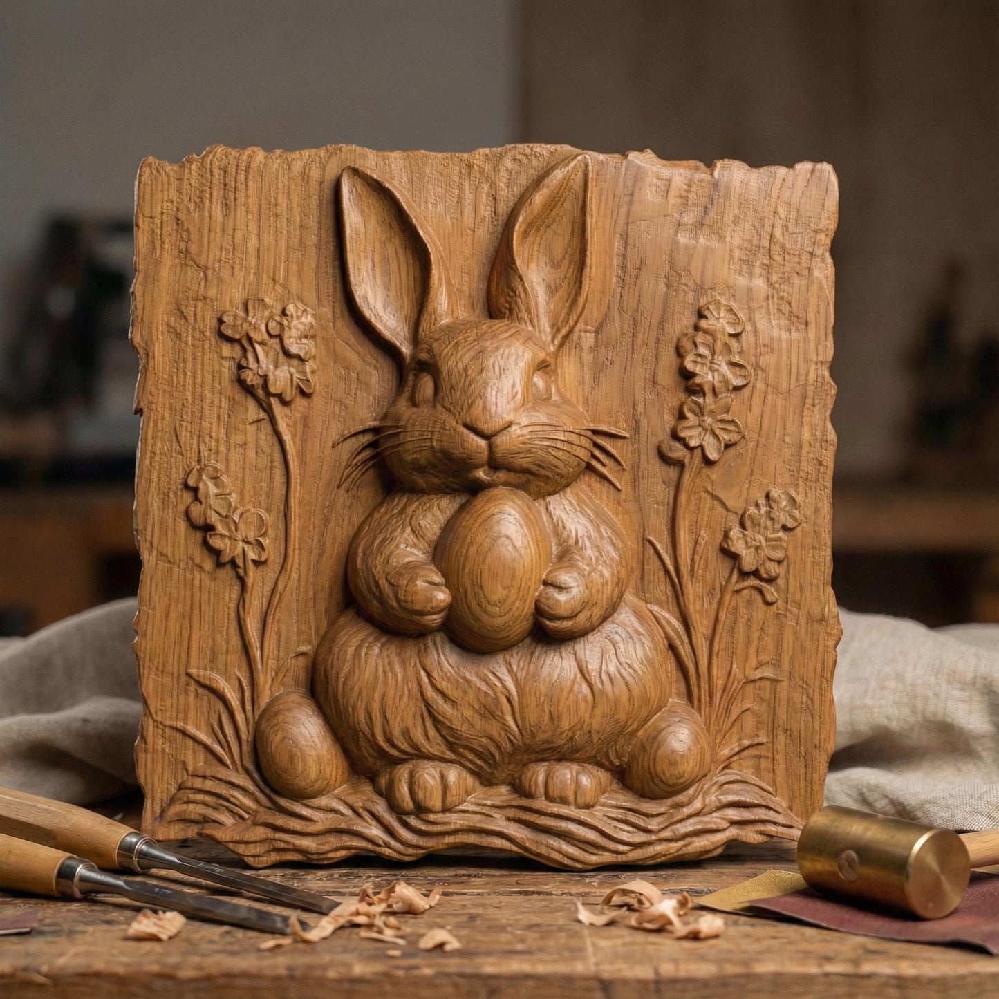 Rustic bas-relief carving of a cute Easter bunny holding a large egg, surrounded by simple wildflowers and grass. The design features a natural live-edge wood style background with organic texture and soft carved details. The bunny has rounded features and a gentle expression, making it perfect for spring and Easter wall decor designed for CNC carving or 3D printing.