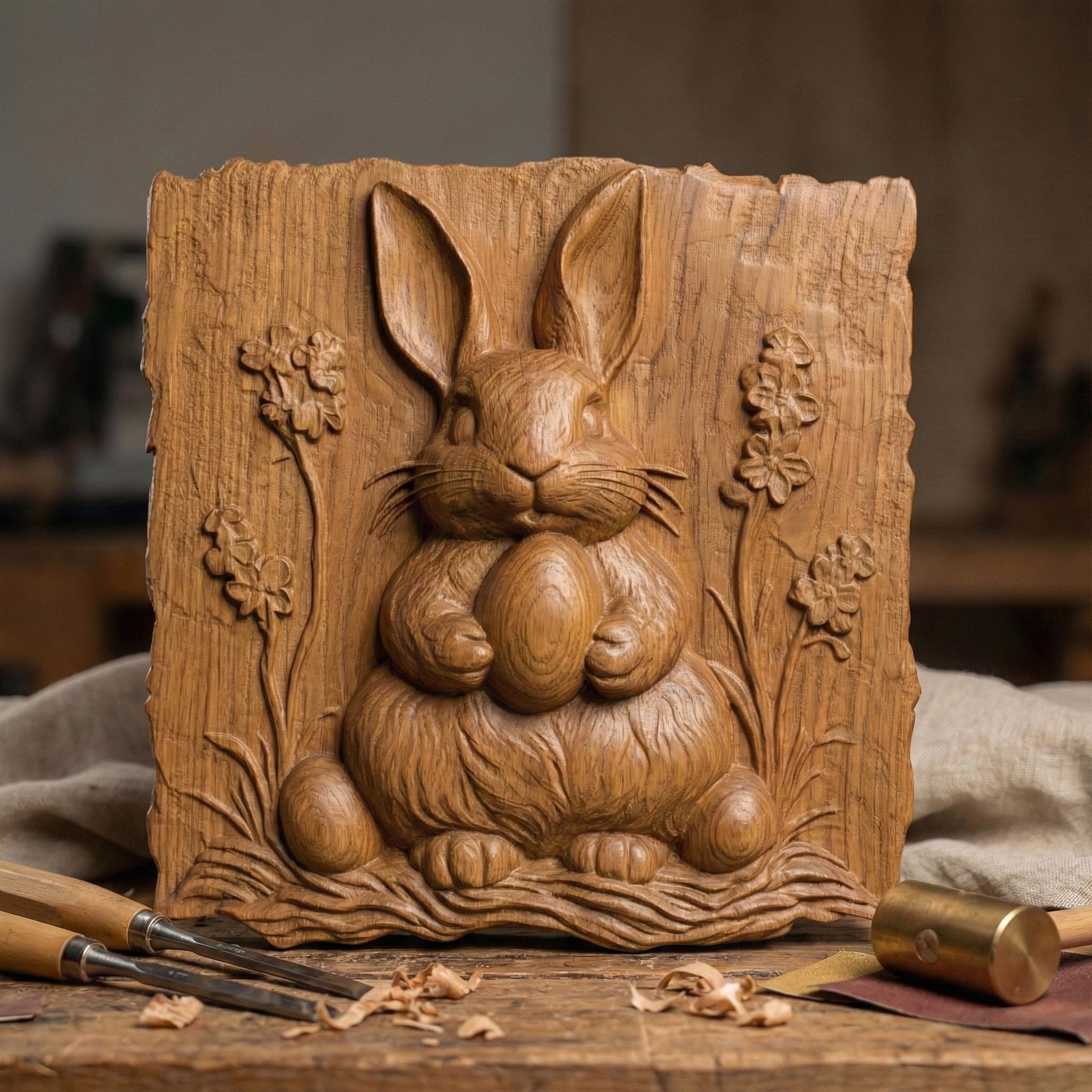 Rustic bas-relief carving of a cute Easter bunny holding a large egg, surrounded by simple wildflowers and grass. The design features a natural live-edge wood style background with organic texture and soft carved details. The bunny has rounded features and a gentle expression, making it perfect for spring and Easter wall decor designed for CNC carving or 3D printing.
