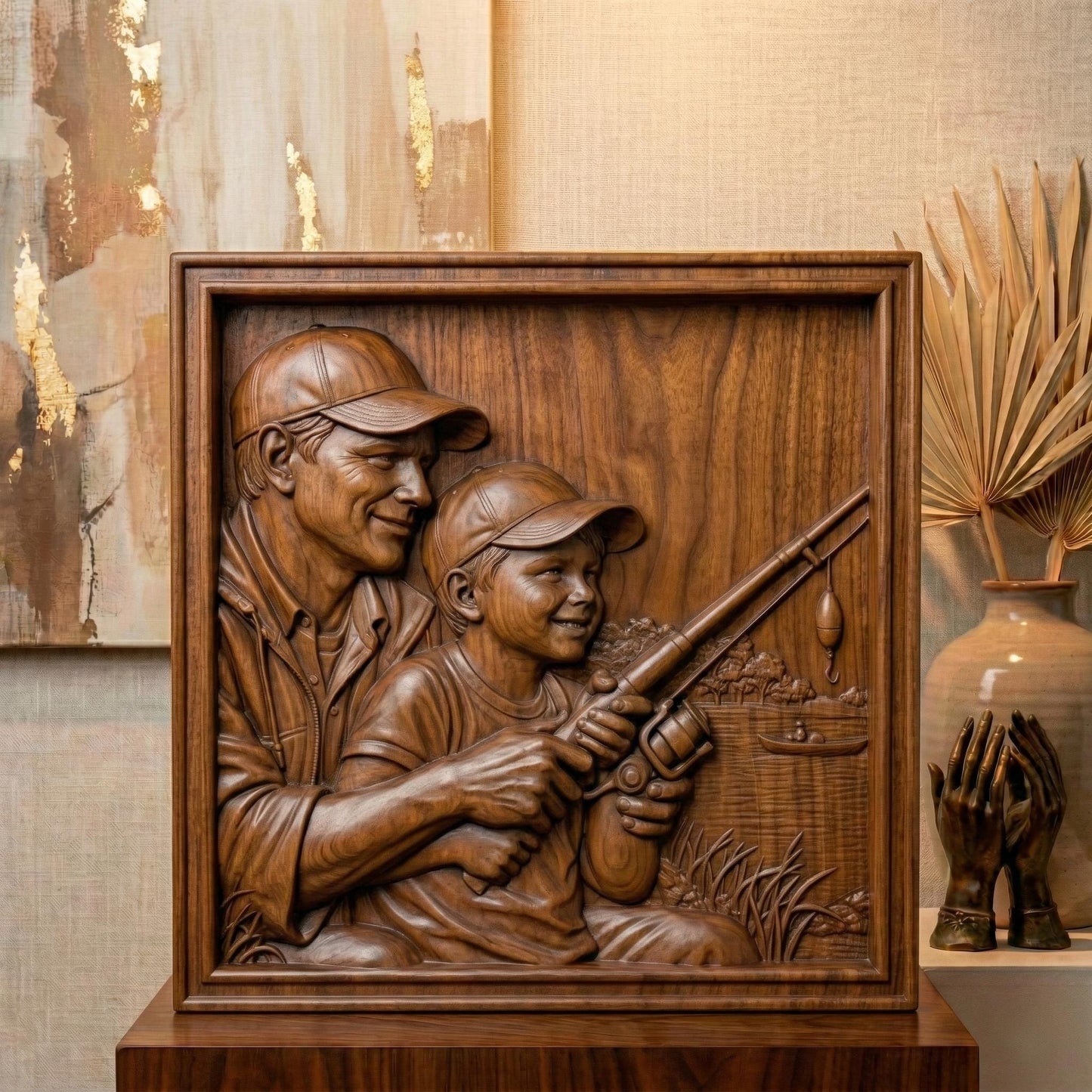 Bas relief carving of a father and young son sitting by a peaceful lake in spring, both wearing caps and smiling as they hold a fishing rod together. The father gently guides the child’s hands while casting toward calm water with a small boat in the distance. Framed square composition with detailed facial features, textured clothing, fresh grass, and serene springtime scenery, symbolizing bonding and outdoor family moments.
